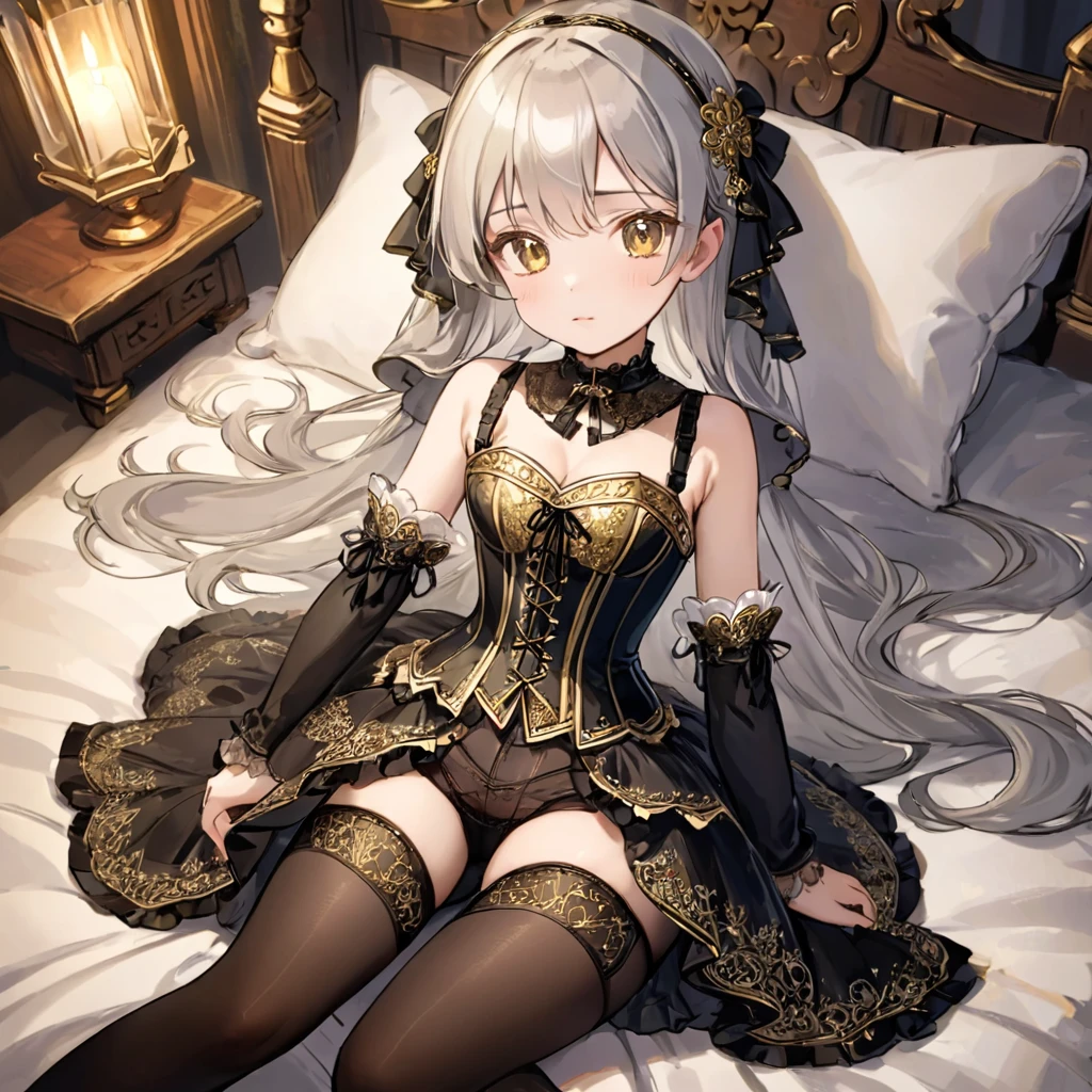 8  medieval girl, １people々、In underwear、Gold and silver thread embroidery、Translucent underwear that reaches below the knee（Bloomers）wear、wear a semi-transparent corset、Translucent slip, Black semi-transparent tights、sleep