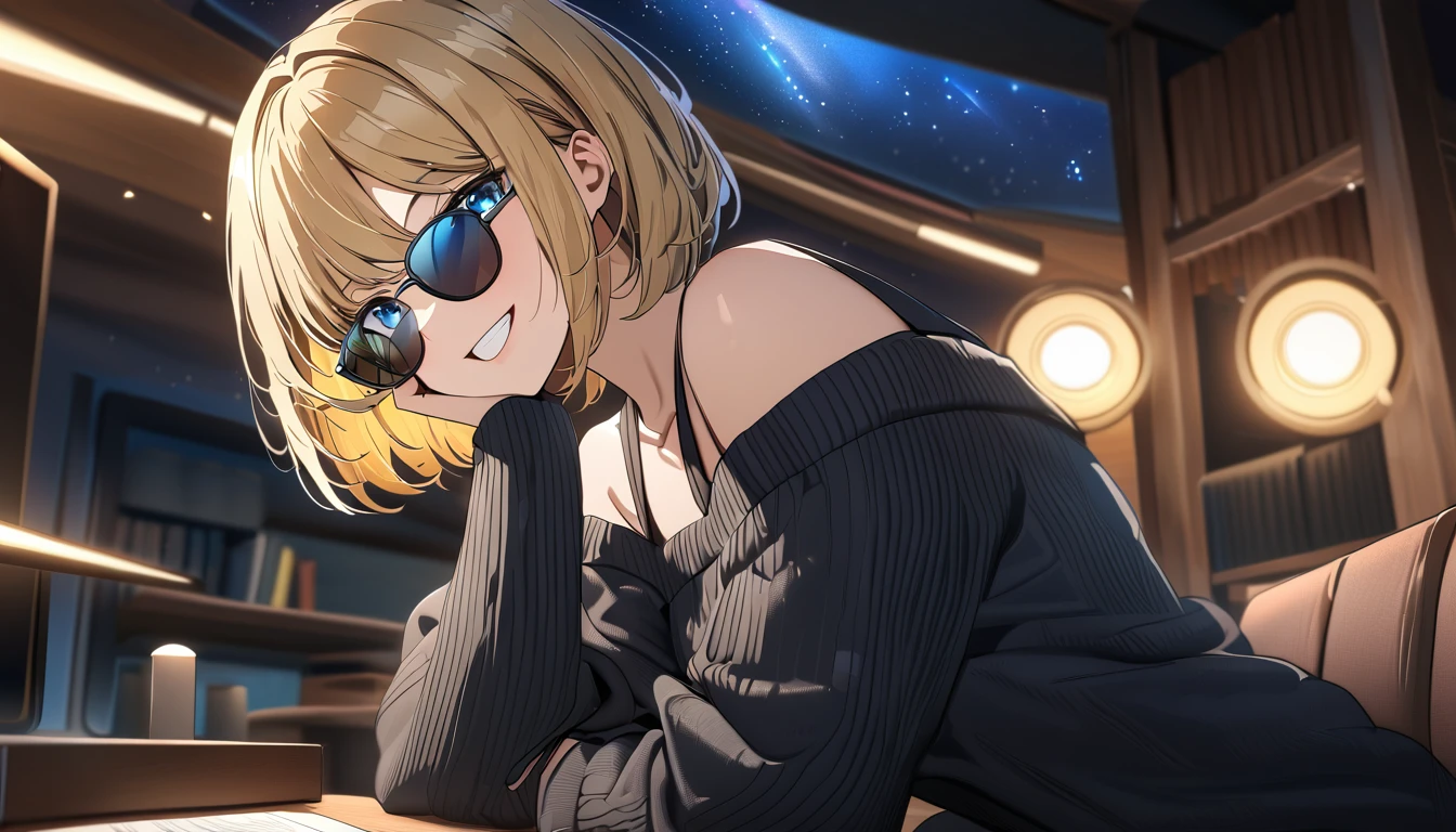 ((grin)), ((off-shoulder sweater:1.3, Quite thick shoulder straps)), ((black sweater)), ((blond hair, bob cut:1.3)), ((sunglasses, hand to sunglasses)), (((from side))), ((((upper body)))), ((Leaning to side)), (((a beautiful starry sky, the Milky Way shining beautifully in the night))), ((sitting on the very high cliff)), wavy hair, inward curled hair, ((sea)), , teenageing at viewer), oversized clothes, puffy long slee collarbone, head tilt:1.3, (((blue eyes))), happy smile, (((anime style))), (best quality, 4K, 8K, highres, masterpiece:1.2, ultra-detailed, ultra-detailed eyes, HDR, uhd, studio lighting, ultra-fine painting, sharp focus, physically-based rendering, extreme detail description, professional, vivid colors, bokeh)