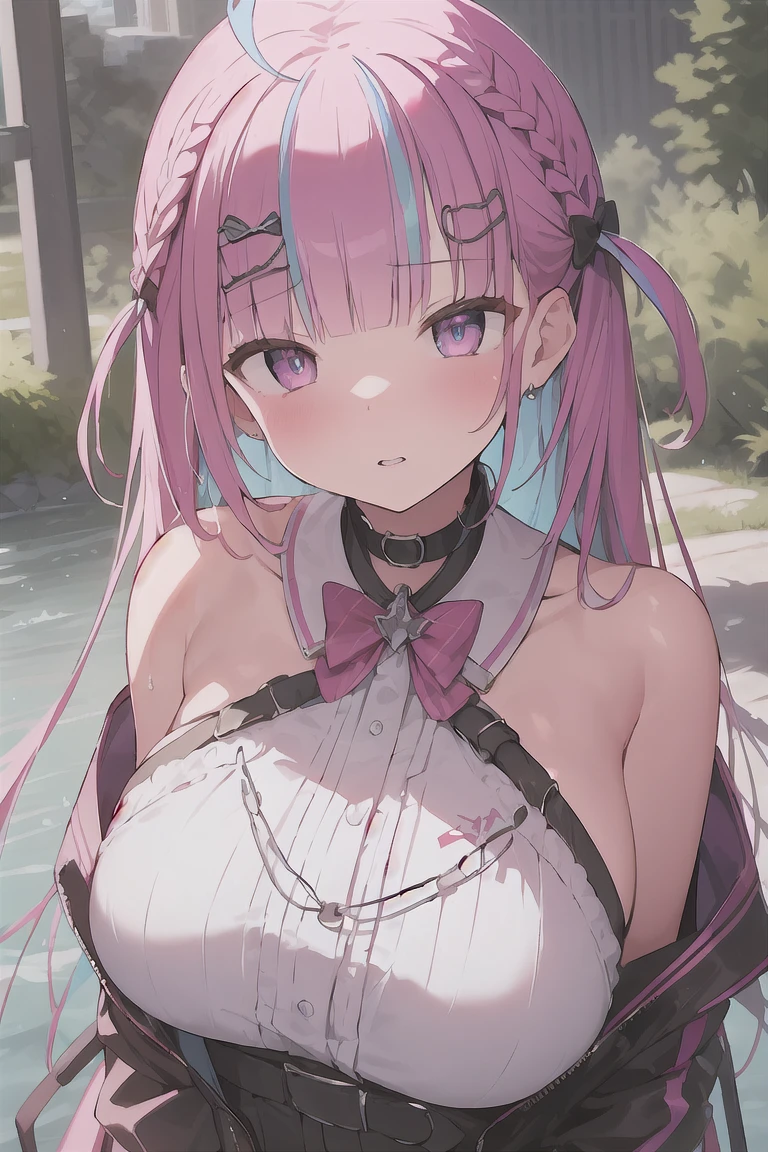 (best quality), (Super detailed), (Best Illustration), (masterpiece), score_9, score_8_up, score_7_up, (4k), (1woman), (large breasts), (detailed eyes), blush, hololive, parted lips, 湊 あくあ