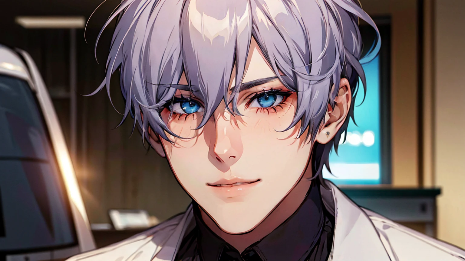(Highest quality,4K,8K,High resolution,masterpiece:1.2),Super detailed,(Realistic,photoRealistic,photo-Realistic:1.37),1 person,31 years old,Mature Men,very handsome,Expressionless,smile,Purple Short Hair,blue eyes,Sharp Eyes,A perfect face without a doubt,Intimidating posture,Businessman,Office Background,Cinema Lighting,HDR image