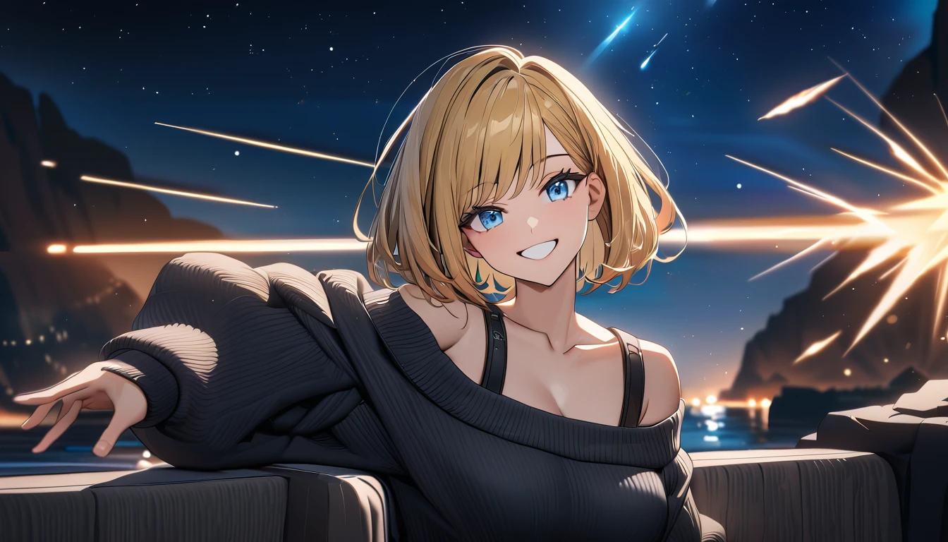 ((grin)), ((off-shoulder sweater:1.3, Quite thick shoulder straps)), ((black sweater)), ((blond hair, bob cut:1.3)), ((sunglasses, hand to sunglasses)), (((from side))), ((((upper body)))), ((Leaning to side)), (((A meteor shower dancing in the night sky, countless stars twinkling in the clear air))), ((sitting on the very high cliff)), wavy hair, inward curled hair, ((sea)), breasts, ager, (looking at viewer), oversized clothes, puffy long sleeves, collarbone, head tilt:1.3, (((blue eyes))), happy smile, (((anime style))), (best quality, 4K, 8K, highres, masterpiece:1.2, ultra-detailed, ultra-detailed eyes, HDR, uhd, studio lighting, ultra-fine painting, sharp focus, physically-based rendering, extreme detail description, professional, vivid colors, bokeh)