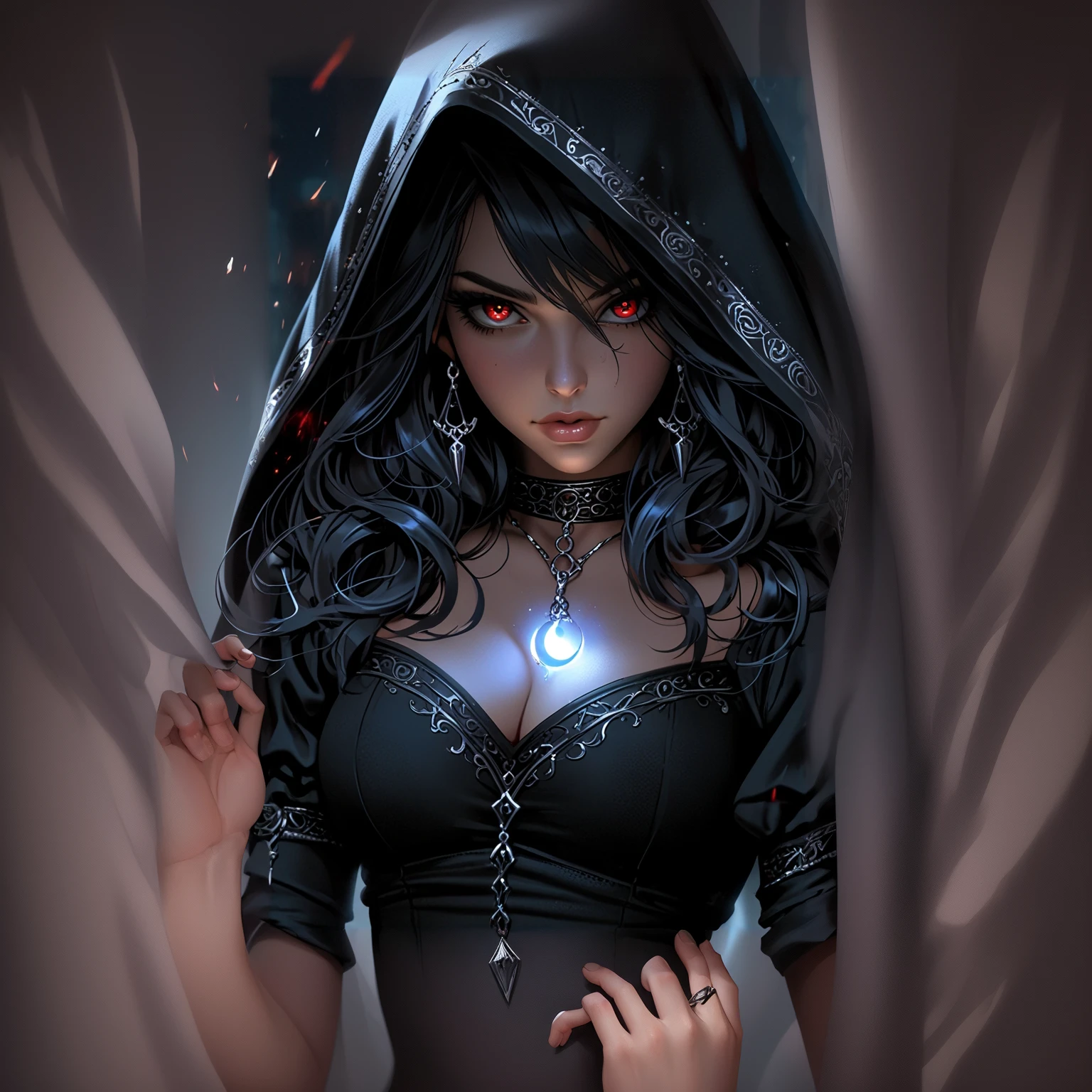 A captivating, enchantingly sinister witch with flowing black hair and piercing red eyes stands cloaked in a revolving black silk dress, conjuring something malevolent under the cover of darkness. This striking image could be a stunningly detailed painting, capturing the witch's intense gaze and flowing dress. Every intricate detail is flawlessly depicted, from the flickers of magic to the shadowy depths of her eyes. The overall effect is a mesmerizing blend of darkness and mystique, inviting viewers to ponder the witch's mysterious intentions.