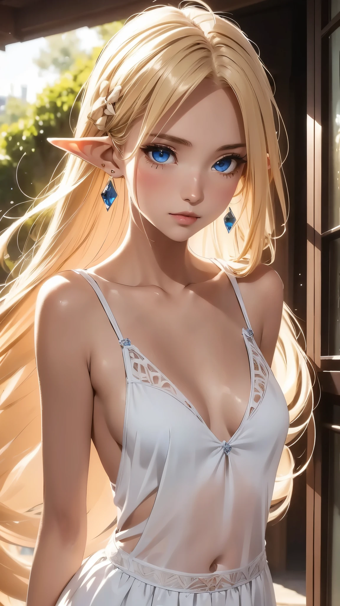 1 girl, Beautiful elf lady, blonde Long straight hair, upturn elf pointy ears, sexy figure, hot body, very beautiful face, detailed face, delicate eyes, detailed pupil, beautiful and delicate lips, blush, shy, heart, in love, white camisole long skirt, Simple and stylish, small crystal earrings, hand drawn animation, high detailed, outdoor, symmetrical clothes, best quality, masterpiece, retina,