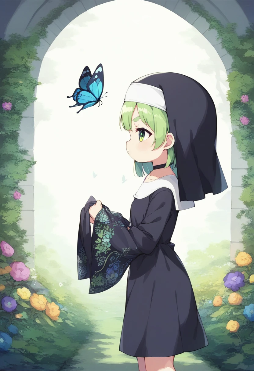 score_9, ,score_7_up, score_6_up, 1girl, source_cartoon, source_anime,breathtalking Scenery,watercolor,smooth soft skin, natural skin,anime screencap,mjm,Bfg
BREAK
(loli:1.4),(little female child:1.4), small breast,cute face, (loli toddler:1.1), 6 yo,kawaii, (highlight on eyes), (jiggly:0.8), shiny skin,
BREAK
(medium green hair:1.3),(green maro eyebrows:1.6),pouty and slightly grumpy,(pout:1.2), ::(, (jitome),(frown:0.6),white streaked hair, green eyes,
BREAK
(Floral print nun dress:1.1), (pastel veil:1.2),choker,nun,butterfly sleeves, excessive detailed collarbone,exposed collarbone, dynamicangle,dynamicpose,shining stained glass,bloom effect,
BREAK
(hanging out the laundry:1.3),(laundry,Clothes are drying:1.2),(from side,:1.2 ),cowboy shot,looking at viewer,flower garden,grass,nature,countryside,pastelcolor,