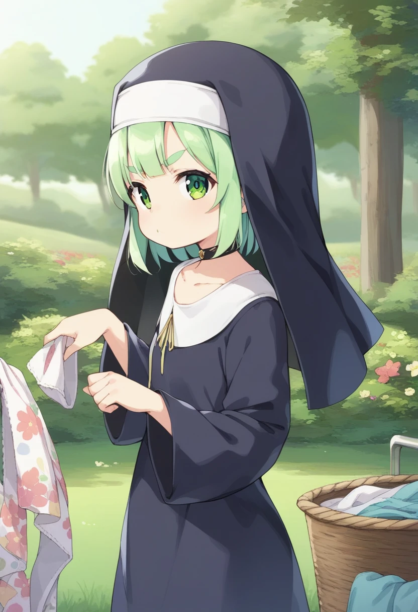 score_9, ,score_7_up, score_6_up, 1girl, source_cartoon, source_anime,breathtalking Scenery,watercolor,smooth soft skin, natural skin,anime screencap,mjm,Bfg
BREAK
(loli:1.4),(little female child:1.4), small breast,cute face, (loli toddler:1.1), 6 yo,kawaii, (highlight on eyes), (jiggly:0.8), shiny skin,
BREAK
(medium green hair:1.3),(green maro eyebrows:1.6),pouty and slightly grumpy,(pout:1.2), ::(, (jitome),(frown:0.6),white streaked hair, green eyes,
BREAK
(Floral print nun dress:1.1), (pastel veil:1.2),choker,nun,butterfly sleeves, excessive detailed collarbone,exposed collarbone, dynamicangle,dynamicpose,shining stained glass,bloom effect,
BREAK
(hanging out the laundry:1.3),(laundry,Clothes are drying:1.2),(from side,:1.2 ),cowboy shot,looking at viewer,flower garden,grass,nature,countryside,pastelcolor,