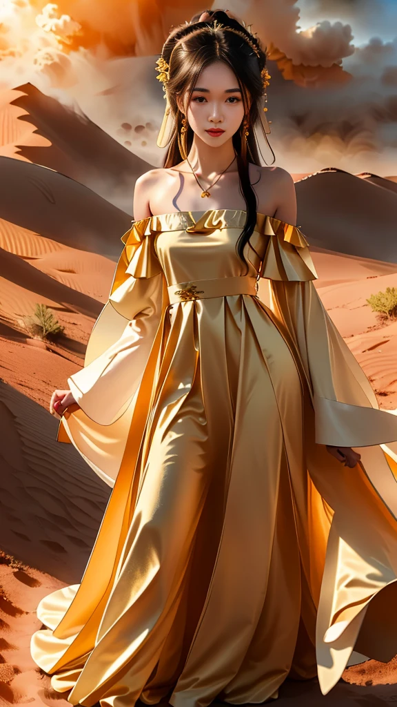 Girl in traditional Chinese clothing, Hanfu, Guzhen Hanfu women, White Hanfu,(long straight black hair:1.5), black eyes, black bun hairstyle, hair accessories ,gold long earrings, , Dia Necklace, Clear eyes, Facing forward,put on makeup, Long eyelashes ,(black long shoulder coat:1.8), (Very long skirt, black:1.5), ((Whole body covering)), Clear face, hair accessoriesจำนวนมาก , (Very beautiful face, Beautiful mouth, beautiful eyes), detailed face, ((Ultra-fine skin)), In the dark, deep shadows, an ancient Chinese girl (Very slim figure 1.3) ,Plump breasts, elegant posture , There is a red flower spot on the forehead. , pointing at the camera, (desert storm:1.9),(nighttime:1.2)