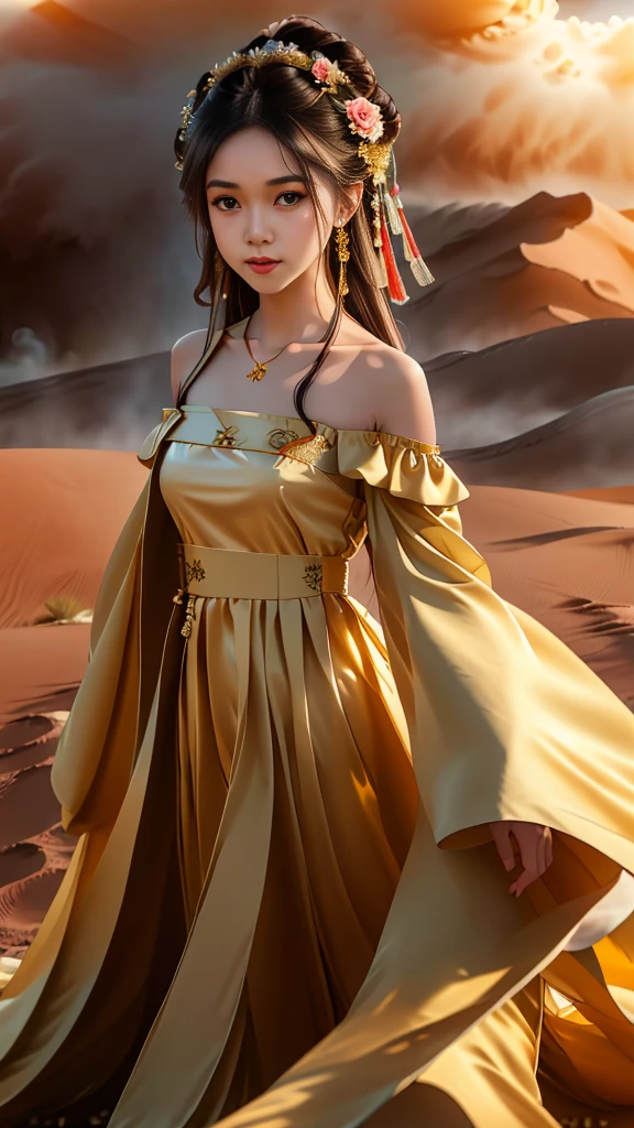 Girl in traditional Chinese clothing, Hanfu, Guzhen Hanfu women, White Hanfu,(long straight black hair:1.5), black eyes, black bun hairstyle, hair accessories ,gold long earrings, , Dia Necklace, Clear eyes, Facing forward,put on makeup, Long eyelashes ,(black long shoulder coat:1.8), (Very long skirt, black:1.5), ((Whole body covering)), Clear face, hair accessoriesจำนวนมาก , (Very beautiful face, Beautiful mouth, beautiful eyes), detailed face, ((Ultra-fine skin)), In the dark, deep shadows, an ancient Chinese girl (Very slim figure 1.3) ,Plump breasts, elegant posture , There is a red flower spot on the forehead. , pointing at the camera, (desert storm:1.9),(nighttime:1.2)
