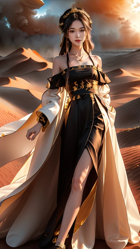 Girl in traditional Chinese clothing, Hanfu, Guzhen Hanfu women, White Hanfu,(long straight black hair:1.5), black eyes, black bun hairstyle, hair accessories ,gold long earrings, , Dia Necklace, Clear eyes, Facing forward,put on makeup, Long eyelashes ,(black long shoulder coat:1.8), (Very long skirt, black:1.5), ((Whole body covering)), Clear face, hair accessoriesจำนวนมาก , (Very beautiful face, Beautiful mouth, beautiful eyes), detailed face, ((Ultra-fine skin)), In the dark, deep shadows, an ancient Chinese girl (Very slim figure 1.3) ,Plump breasts, elegant posture , There is a red flower spot on the forehead. , pointing at the camera, (desert storm:1.9),(nighttime:1.2)