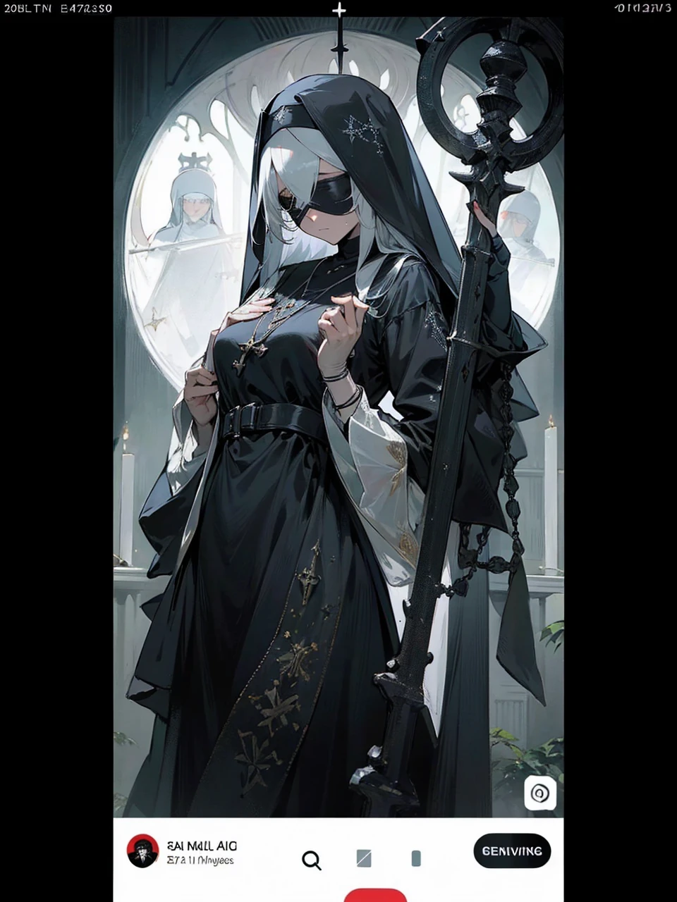 a nun with a blindfold and a modest black church nun outfit, with some silver jewelry, she also wears a long see through veil on her head, with a faded sliver star shaped halo at the back, she is holding her hands together symbolizing a prayer gesture.