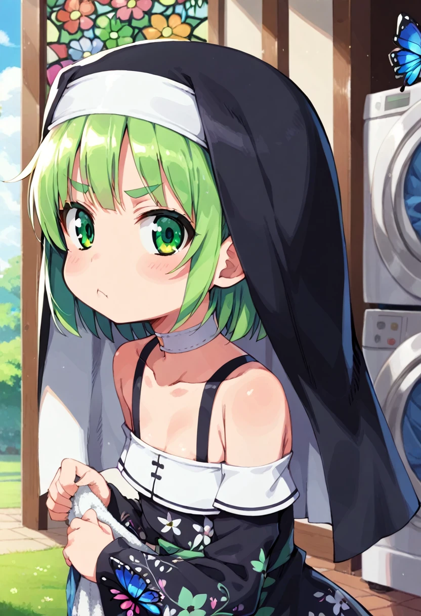 score_9, ,score_7_up, score_6_up, 1girl, source_cartoon, source_anime,breathtalking Scenery,watercolor,smooth soft skin, natural skin,anime screencap,mjm,Bfg
BREAK
(:1.4),(little female chil), small breast,cue, (loli toddler:1.6 yo,kawaii, (highl on eyes), (jiggly:0.8), shiny skin,
BREAK
(medium green hair:1.3),(green maro eyebrows:1.6),pouty and slightly grumpy,(pout:1.2), ::(, (jitome),(frown:0.6),white streaked hair, green eyes,
BREAK
(Floral print nun dress:1.1), (pastel veil:1.2),choker,nun,butterfly sleeves, excee detailed collarbone,exposed collarbone, dynamicangle,dynamicpose,shining stained glass,bloom effect,
BREAK
(hanging out the laundry:1.3),(laundry,Clothes are drying:1.2),(from side,:1.2 ),cowboy shot,looking at viewer,flower garden,grass,nature,countryside,pastelcolor,