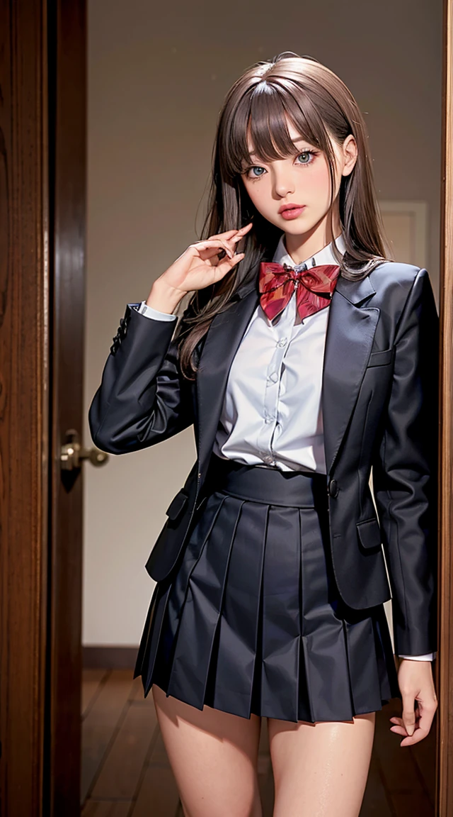 Aria, One girl, alone, Long Hair, blue eyes, Ahoge, bow, View your viewers, red bow, Jacket, bowtie, Long sleeve, chest, shirt, open Jacket, red bowtie, door, Cowboy Shot, collared shirt, indoors, , Gray Hair, Are standing, Open clothes, skirt, bangs, dress, grey Jacket, black dress, blush, pleated skirt, Part your lips, medium chest, pleated dress, white shirt, Hair between the eyes, white Jacket, Raise your hand, blazer, black skirt, Thighs, open door, corridor