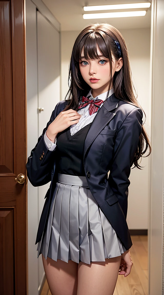 Aria, One girl, alone, Long Hair, blue eyes, Ahoge, bow, View your viewers, red bow, Jacket, bowtie, Long sleeve, chest, shirt, open Jacket, red bowtie, door, Cowboy Shot, collared shirt, indoors, , Gray Hair, Are standing, Open clothes, skirt, bangs, dress, grey Jacket, black dress, blush, pleated skirt, Part your lips, medium chest, pleated dress, white shirt, Hair between the eyes, white Jacket, Raise your hand, blazer, black skirt, Thighs, open door, corridor