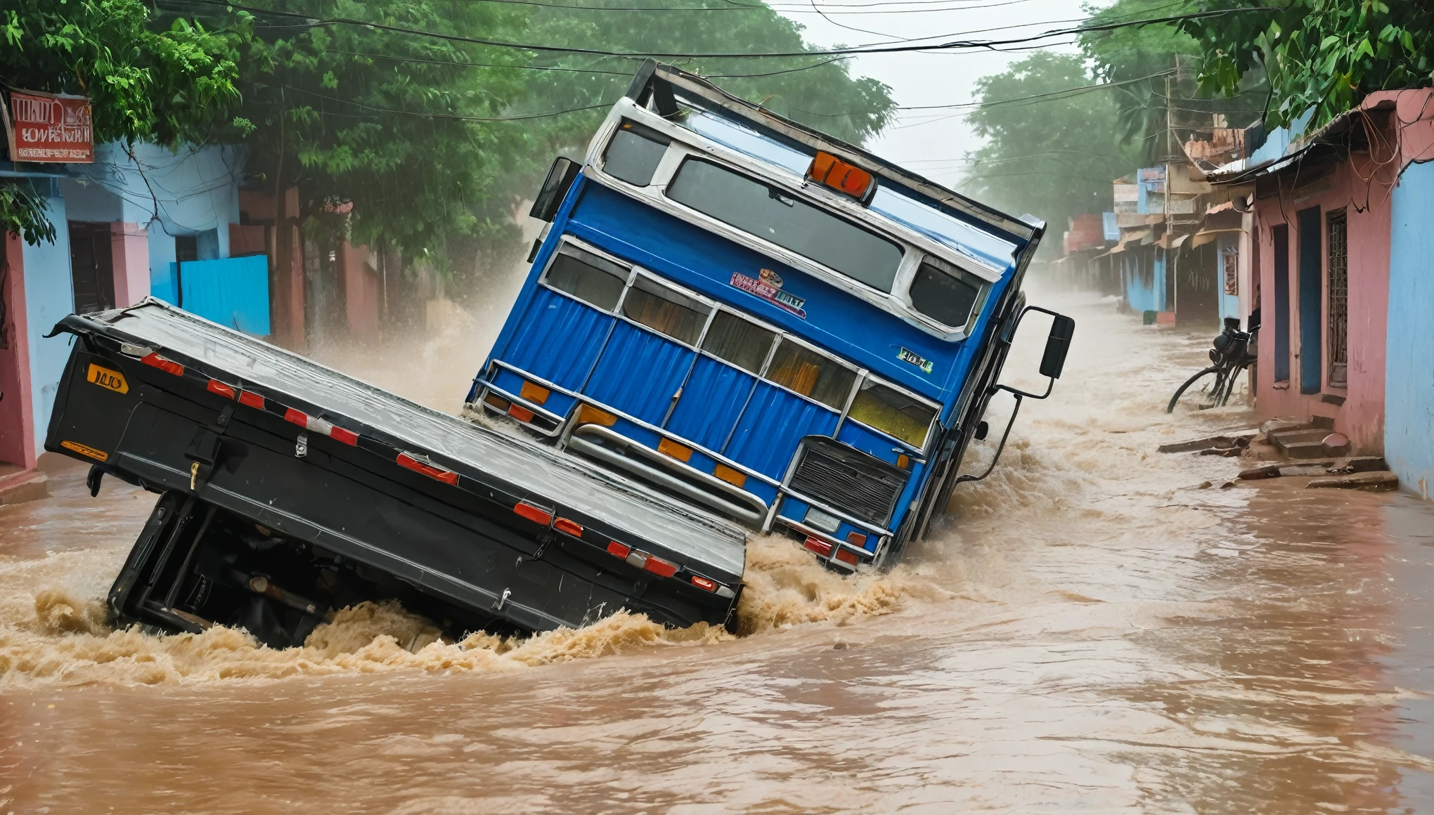 Heavy rain falls with strong winds. Flooding on a street in Rajasthan, india. It is possible to see flooded houses and debris being carried away by the floodwaters. A truck overturned by flood. The image depicts a threatening scenario. The situation is terrible.