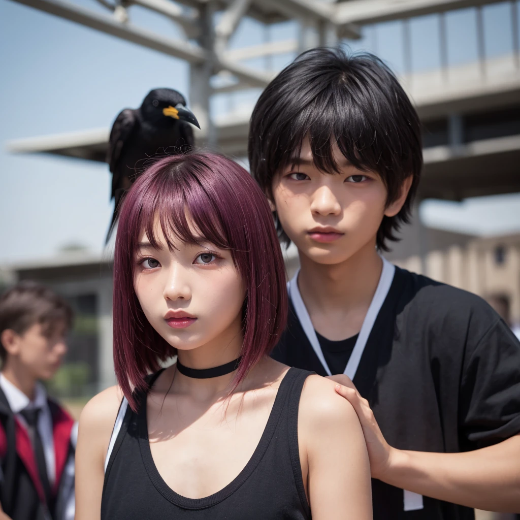 masterpiece, 最high quality, high quality, One boy, alone, Male Focus, View your audience, Upper Body, Hair split into black and magenta on the front and back、Has raspberry red eyes。Her skin is the lightest among the students.、Her hair is black like a crow's feather, but the inner color is reddish purple.、A high school boy with pointed ears and fangs that are sharper than those of a human, giving off a mysterious aura.?