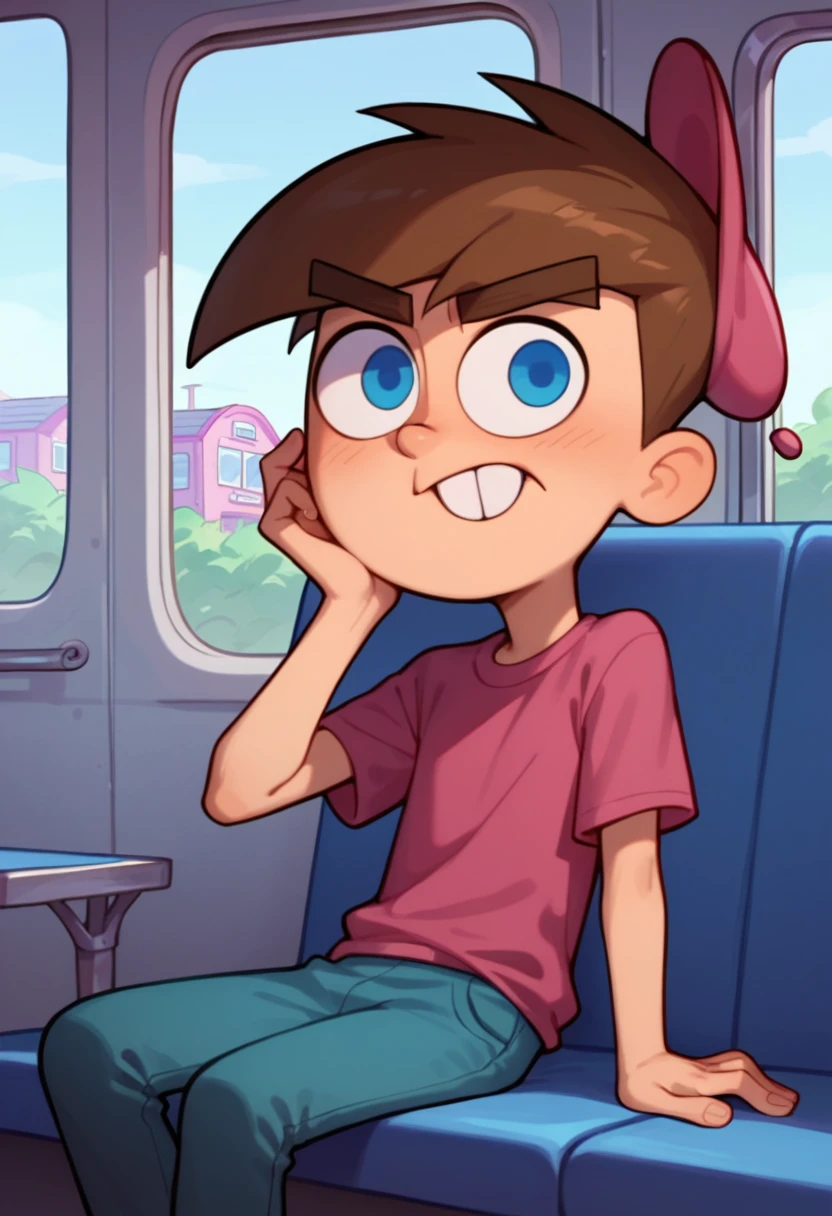 Score_9_up, score_8_up, score_7_up, 1boy, solo, timmytfp, pink shirt, brown hair, blue eyes, pink hat, teeth, blue pants, sitting, bus interior, blank expression, window, Expressiveh