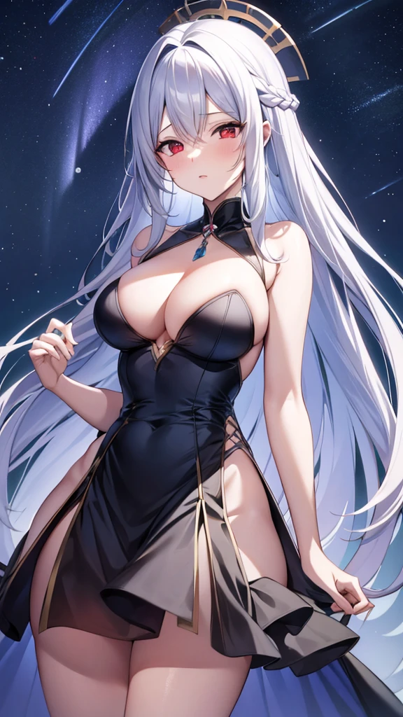 (masterpiece:1.3), (best quality:1.1), (8k, ultra detailed, ultra high res:1.2), ((anime style)), perfect 5 fingers, perfect anatomy, 
1girl,
Kei Karuizawa, 
BREAK long hair, wavy hair, 
white hair, 
red eyes, 
BREAK evening dress, Sequin, (solid:1.5), 
looking at viewer, 
BREAK cowboy shot, BREAK (detailed background:1.1), outdoor, aurora, at night, Starry Night Sky with Shooting Stars, 