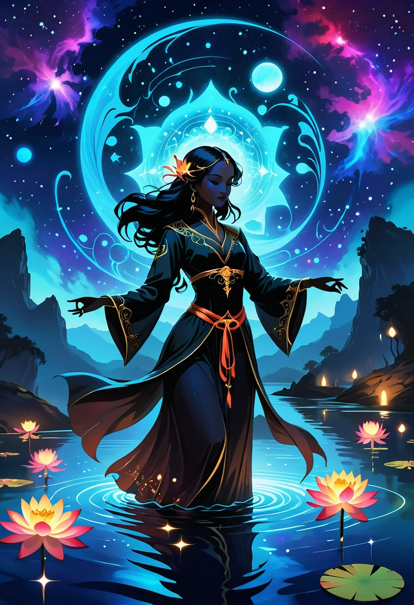 Astrologer,In the middle of the lake, Mysterious female black silhouette in the middle of the night, Surrounded by glowing constellations, Summoners dance to appease the spirits of the dead. Ceremonial canvas clothing. Sensual. Multiple magic arrays. Dynamic dance. Black Lotus. Colorful palette.