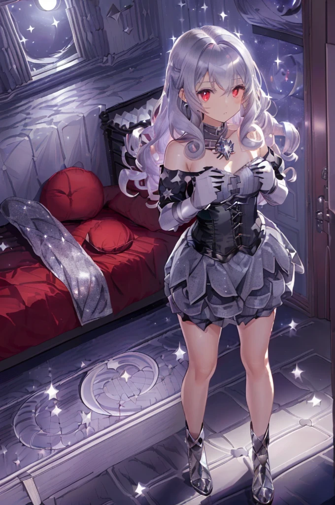 (silber hair:1.5),(Fluffy hair with curls:1.2),(red eyes:1.3),(With bangs),Slight red tide,(corset 1.45), (A room at night with moonlight shining in:1.6),(Your eyes are shining like stars:1.5),(A man's room living alone:1.45),(simple men&#39;s room),(Fluffy carpet:1.35),(Eye size:1.7),(drooing eyes:1.65),(close up of face:1.35),(SM Play:1.4),(Meet and greet at the entrance:1.3),(look up as if clinging to:1.45),(red blush:1.4),(Perspective from above:1.4), Pale skin, White hair, Blue hoodie, Tails, Solo,{{Best quality}}, {{Masterpiece}}, {{Ultra-detailed}}, {illustration}, {Detailed light}, Red eyes,Long hair，A revealing, thin dress.
 