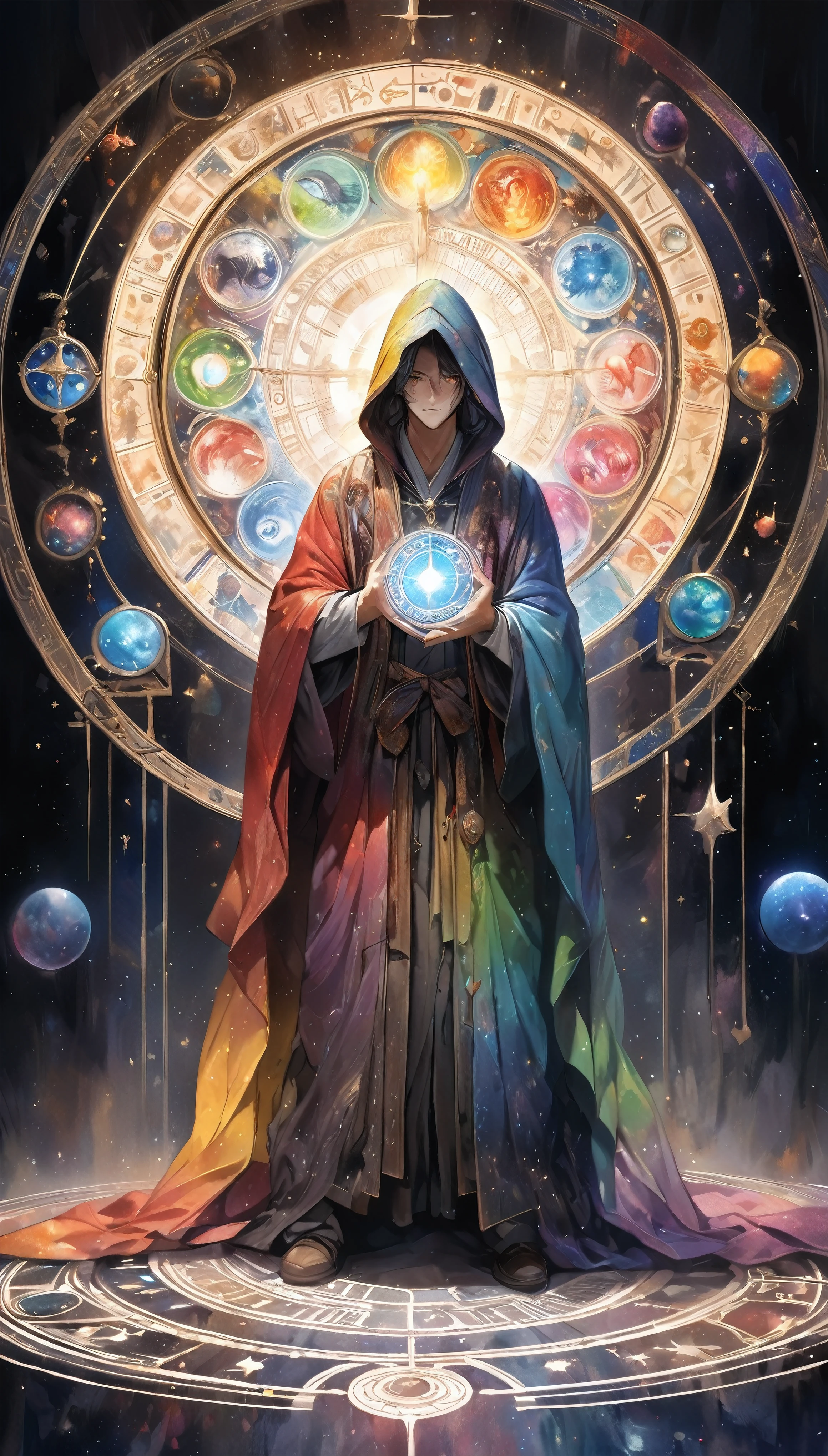 Dark fantasy, Transparent pastel watercolor, Treasured historical paintings,
astrologer, A man wearing a decaying robe, Only one person, Just one, Shining in a fantastic rainbow color, Old robes that cover the whole body,
BREAK Doing astrology for the audience, Sharing consciousness with the dark universe,
BREAK Deploy the magic circle, Horoscope-based magic, Aesthetically stunning internal illumination,
BREAK Full body covered in robe, Facial expressions that cannot be recognized in the dark, Only one eye glows red, Very powerful flashing eyes,
BREAK Kneeling facing the audience, Unwavering loyalty to the audience,
BREAK Professional spray work, Detailed and intricate texture, Detailed and intricate brushwork, Detailed and clear depiction, Anatomically correct, Absurd aesthetics,
BREAK Aesthetic Attunement with the Celestial Bodies, A dark background that makes the subject stand out, dramatic cinematographic lighting,
BREAK Highest quality, Highest Resolution, Octane Rendering, super retina vision,