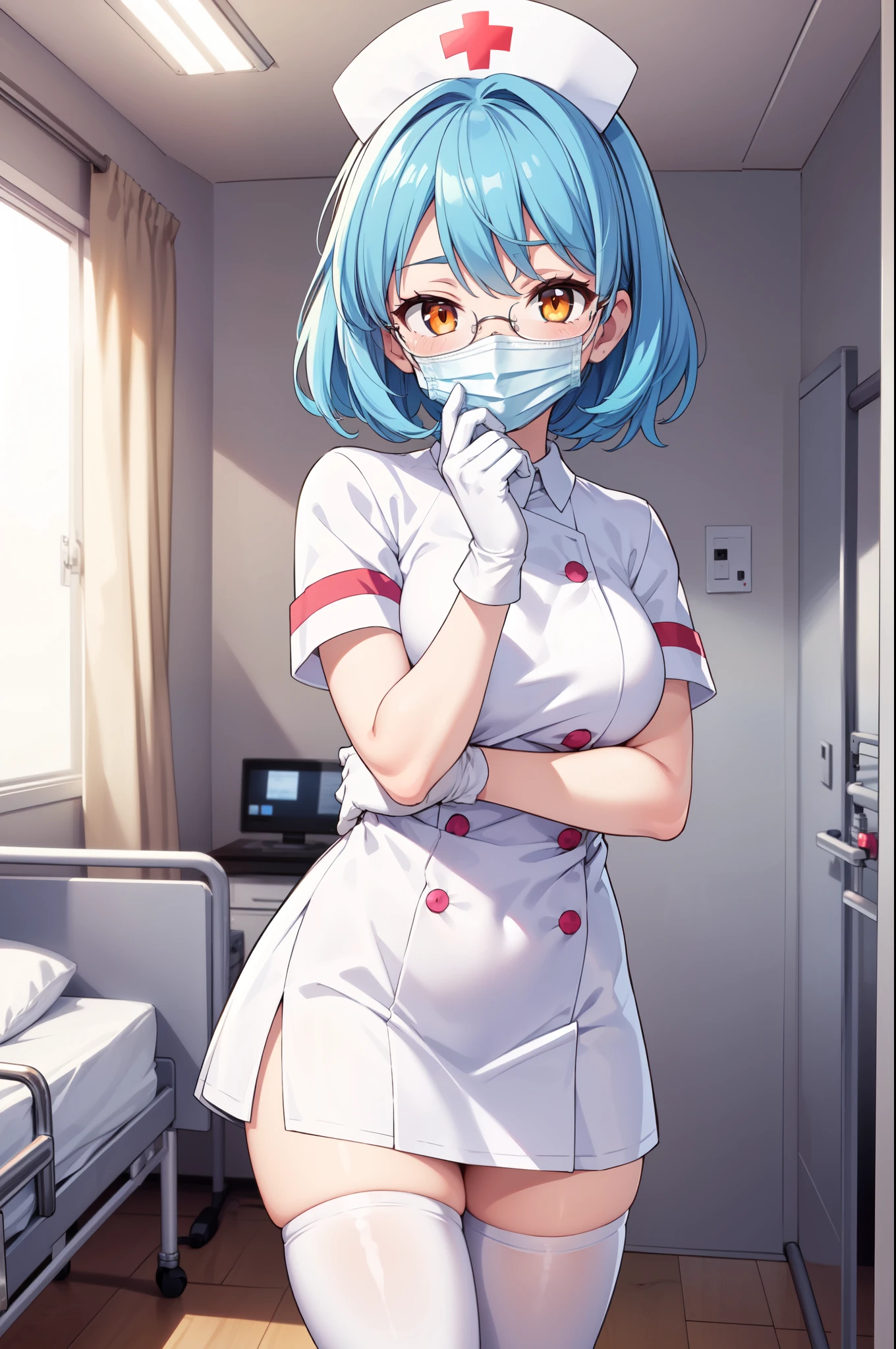 1girl, solo, nurse, nurse cap, white nurse uniform, ((white legwear, zettai ryouiki)), white gloves, glasses, blue hair, orange eyes, ((white surgical mask, covered nose)), standing, ((hospital room)), sharp outline, short sleeves, best quality, masterpiece