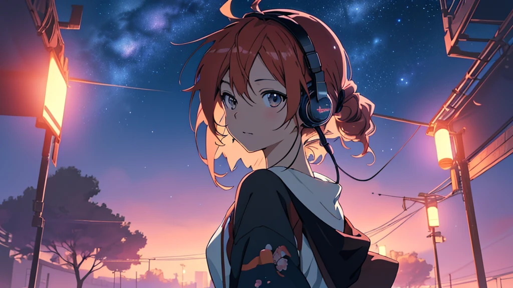 Woman wearing headphones, Anime Style 4 k, anime wallpaper 4k, anime wallpaper 4k, 4k anime wallpaper, anime art wallpaper 4k, anime art wallpaper 4k, Anime Style. 8K, Anime atmosphere, , Ultra HD Anime Wallpaper, Anime Art Wallpaper 8K, Anime Background,landscape、summer、Starry Sky