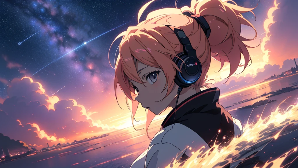 Woman wearing headphones, Anime Style 4 k, anime wallpaper 4k, anime wallpaper 4k, 4k anime wallpaper, anime art wallpaper 4k, anime art wallpaper 4k, Anime Style. 8K, Anime atmosphere, , Ultra HD Anime Wallpaper, Anime Art Wallpaper 8K, Anime Background,landscape、summer、Starry Sky