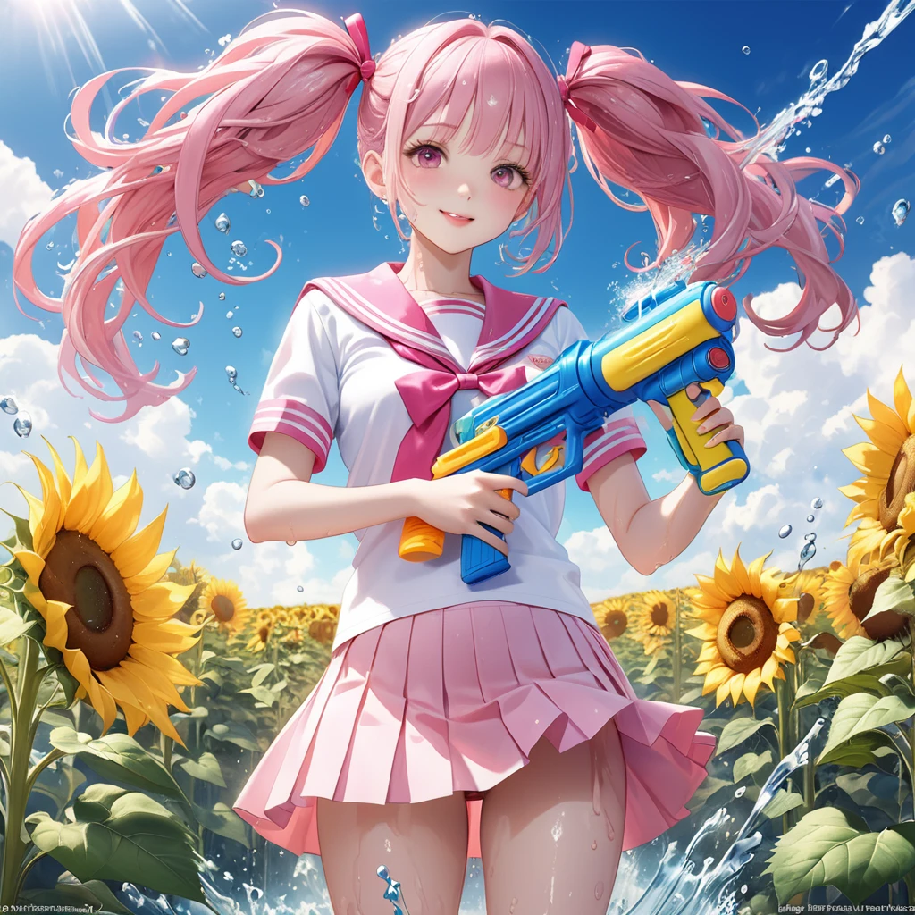 (8K, masutepiece, Best Quality, Official art, beautiful detailed, beautiful lighting, best masterpiece in history that exceeds limits), (1 Girl, 独奏), (), (beautiful detailed face), (shiny white skin), (Beautiful big bust:1.3), (thighs, navel), (beautiful detailed pink twin tails hair, bangs:1.3), (beautiful detailed drooping pink eyes:1.5), (high , wet:1.3), (patsel pink sailor collar, white short sleeves short length outing shirt, pastel pink pleated skirt, patsel pink ribbon:1.3), (happy smile:1.2), (Attractive, Look at the camera, cute pose), breathtaking scenery, (ultra detailed realistic Beautiful field of sunflowers, blue sky, buzzer:1.2), (water gun, Release water, water splash:1.5),