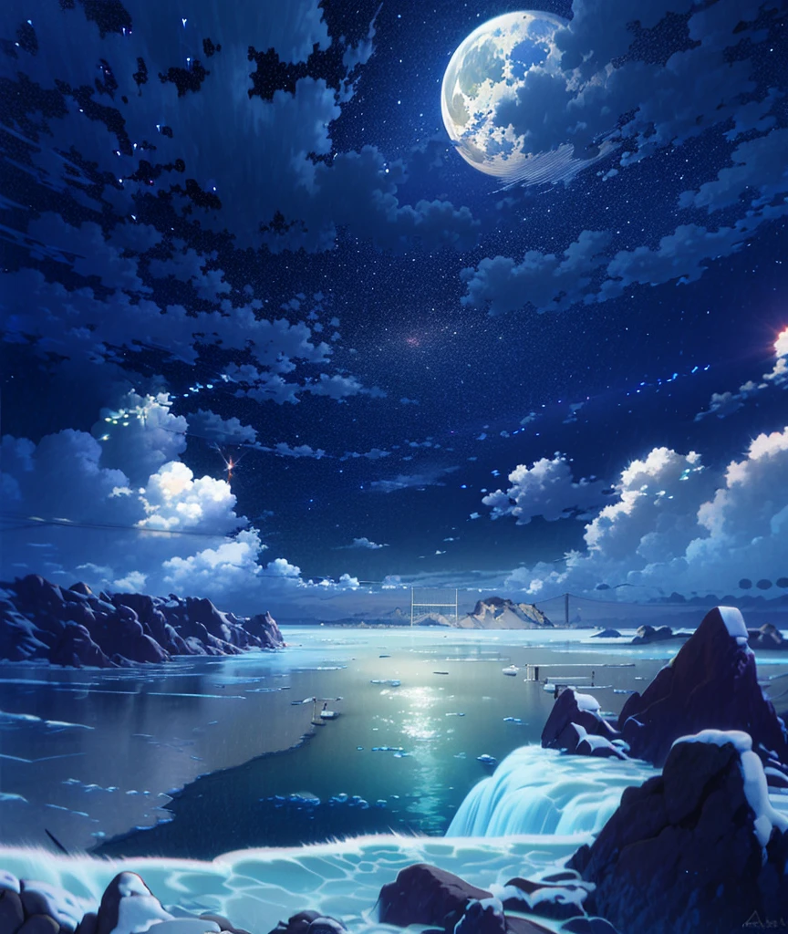 There is a photo of a night scene with a full moon, wallpaper anime blue water, Anime Landscape Wallpaper, Anime background, anime background art, Anime Art Wallpapers 4K, Anime Art Wallpapers 4K, Anime Art Wallpapers 8K, 4k anime wallpaper, Moonlit starry sky, calm night. digital illustration art, beautiful anime scenery, anime wallpaper 4k