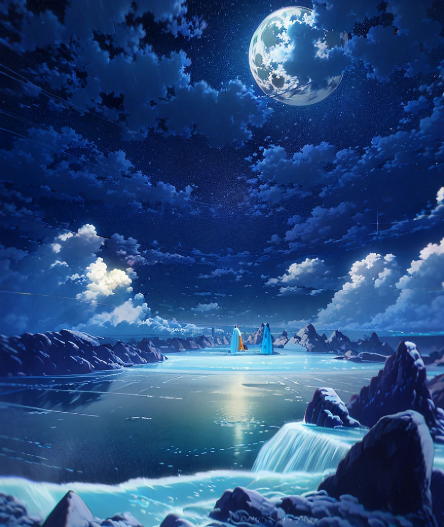There is a photo of a night scene with a full moon, wallpaper anime blue water, Anime Landscape Wallpaper, Anime background, anime background art, Anime Art Wallpapers 4K, Anime Art Wallpapers 4K, Anime Art Wallpapers 8K, 4k anime wallpaper, Moonlit starry sky, calm night. digital illustration art, beautiful anime scenery, anime wallpaper 4k