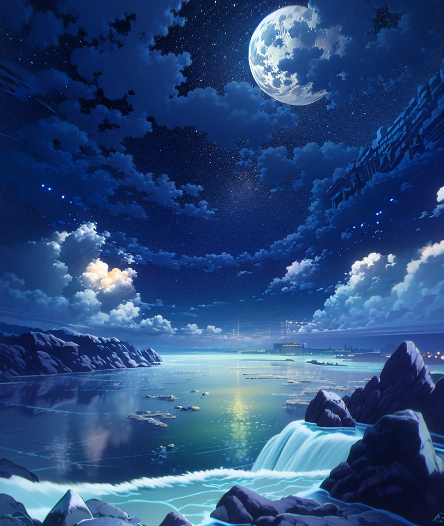 There is a photo of a night scene with a full moon, wallpaper anime blue water, Anime Landscape Wallpaper, Anime background, anime background art, Anime Art Wallpapers 4K, Anime Art Wallpapers 4K, Anime Art Wallpapers 8K, 4k anime wallpaper, Moonlit starry sky, calm night. digital illustration art, beautiful anime scenery, anime wallpaper 4k