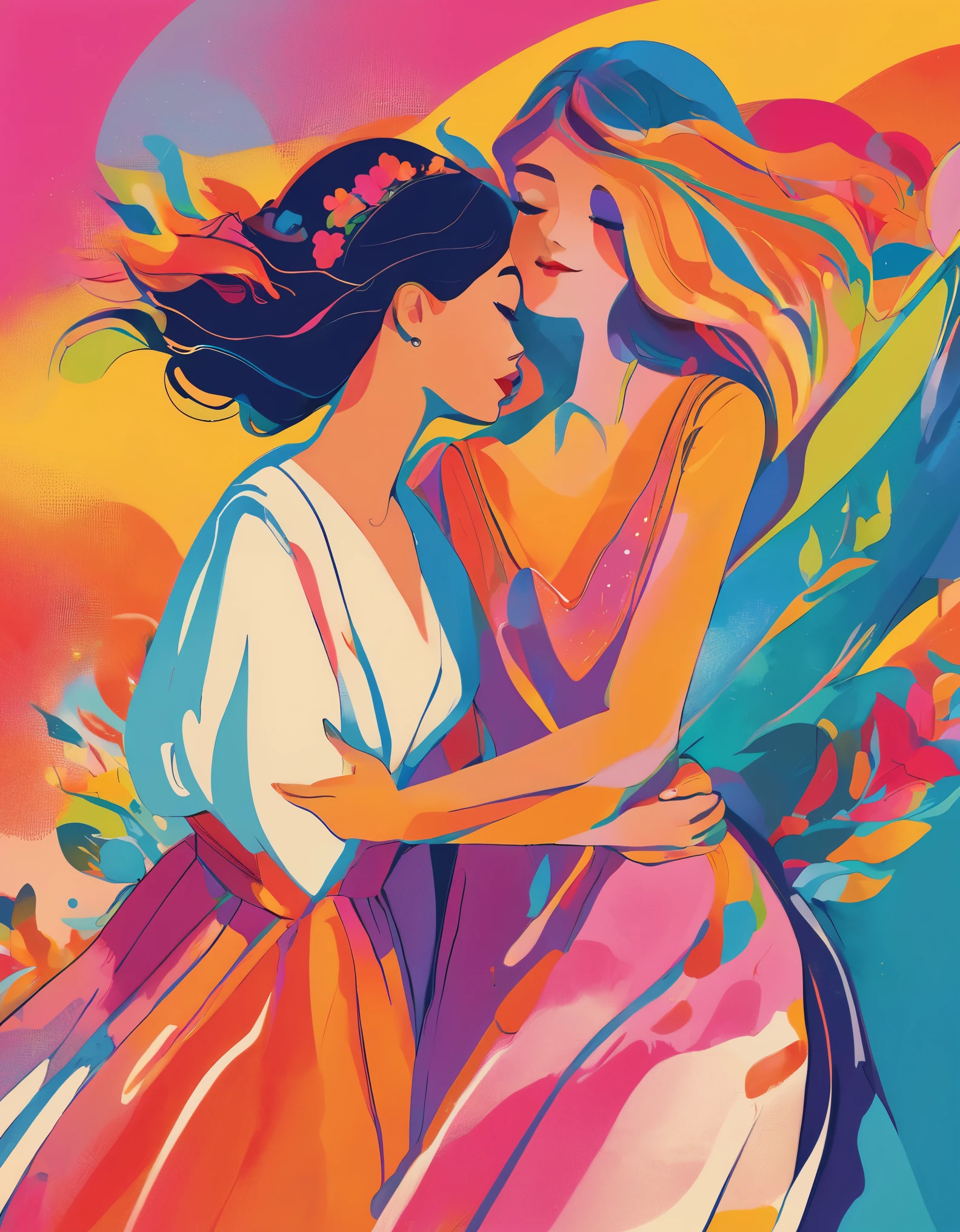 Bright colors, Beautiful Style, High quality illustrations, Position of hand holding woman&#39;s chin, Elegant painting, Detailed illustrations of clothing and facial features.