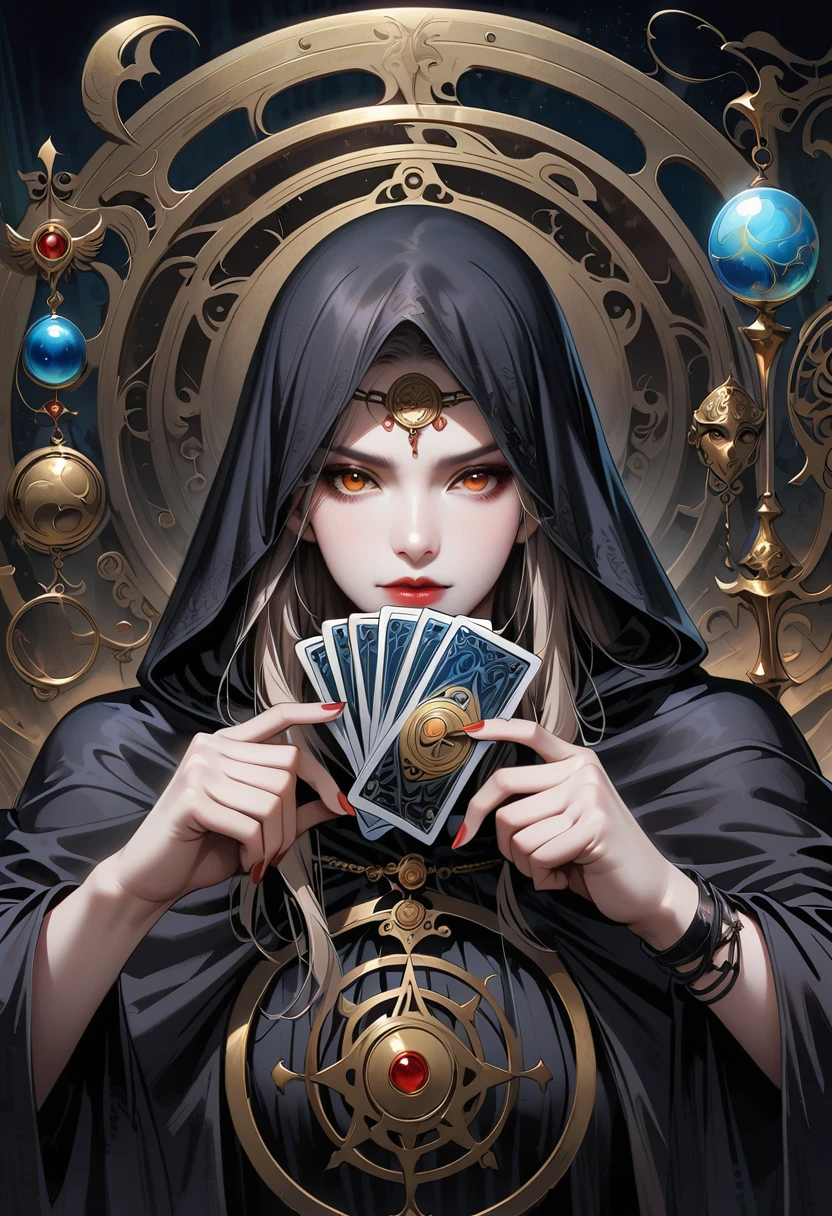 Astrologer,Metal photo frame,card,tarot cards:1.37.Mysterious fortune teller in cloak,Finger taps an array of tarot cards in the air,Mystical symbols and elements,Ancient mysterious atmosphere,Realistic illustration details,A work full of vitality and energy,Dark Style,Gothic style