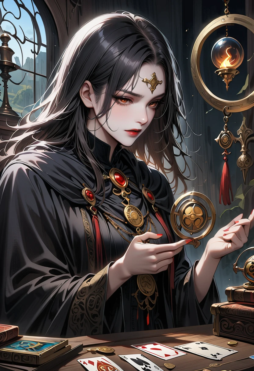 Astrologer,Metal photo frame,card,tarot cards:1.37.Mysterious fortune teller in cloak,Finger taps an array of tarot cards in the air,Mystical symbols and elements,Ancient mysterious atmosphere,Realistic illustration details,A work full of vitality and energy,Dark Style,Gothic style
