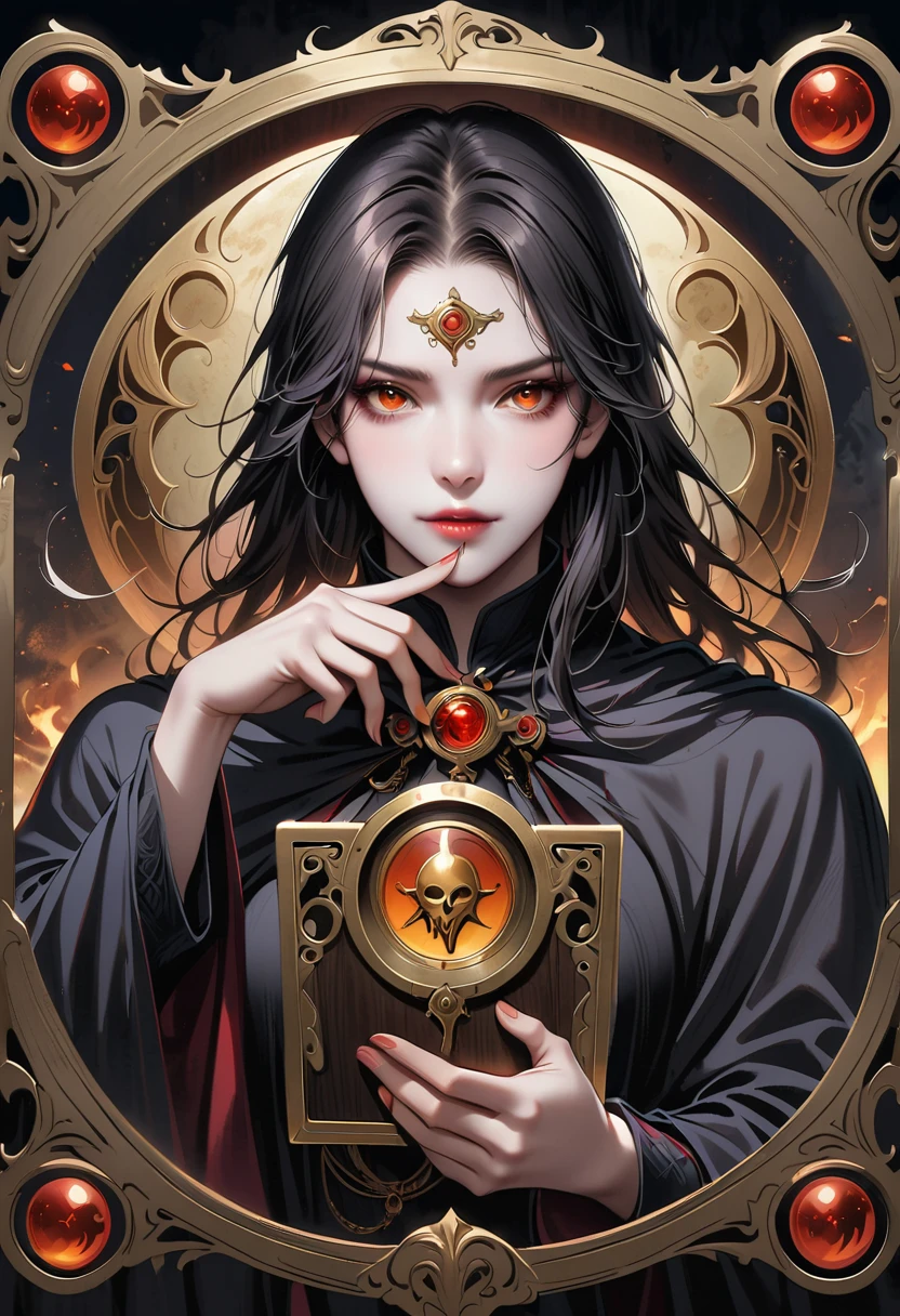 Astrologer，Metal photo frame，card，tarot cards：1.37.Mysterious fortune teller in cloak，Finger taps an array of tarot cards in the air，Mystical symbols and elements，Ancient mysterious atmosphere，Realistic illustration details，A work full of vitality and energy，Dark Style，Gothic style