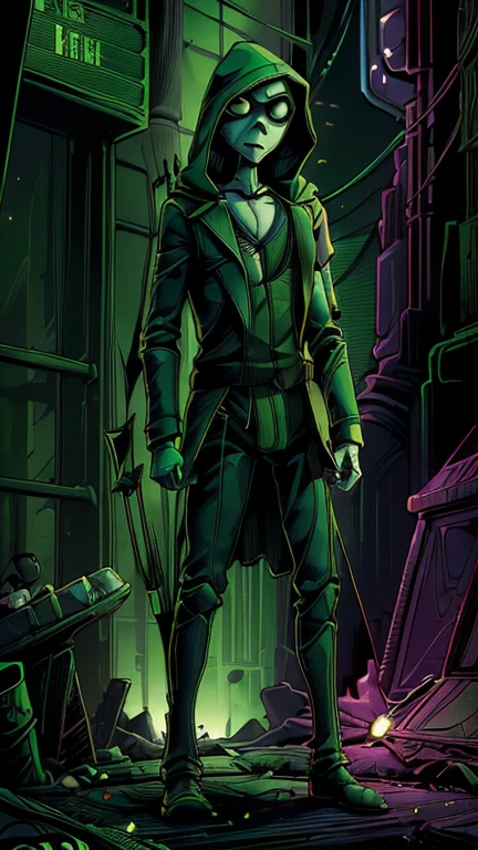best quality,masterpiece,1boy,solo,(((13years old))),japanese boy,an extremely cute and handsome boy,highly detailed beautiful face and eyes,petit,cute face,lovely face,baby face,shy smile,show teeth, Blonde hair,Short hair,flat chest,skinny,slender,(((wearing a Green Arrow costume,green hood,green DominoMask))),(((standing in Dark Midnight TimBurton animation style Cyberpunk Gotham City))),he is looking at the viewer,