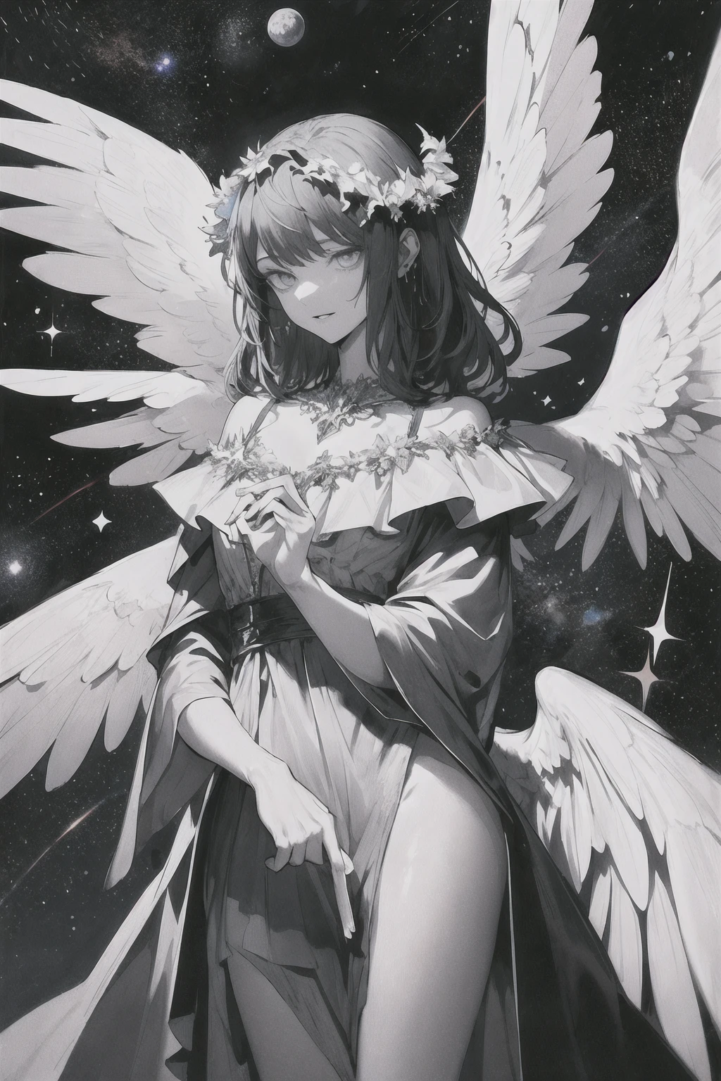(Masterpiece), (Best Quality: 1.4), absurdities, [:intricate details:0.2],witch, angel wings, milky way, sky, bright aura, intense focus, crackling energy, mysterious symbols, bright specks,Paticulas,many details