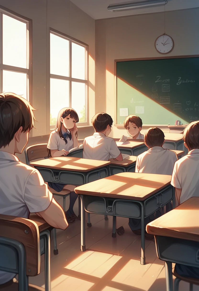 MULTIPLE Elementary School Students, Group photo, 3+girl,4+boy, study, detailed , View the viewer, Highest quality, employment, detailed background, Beautiful lighting, classroom
