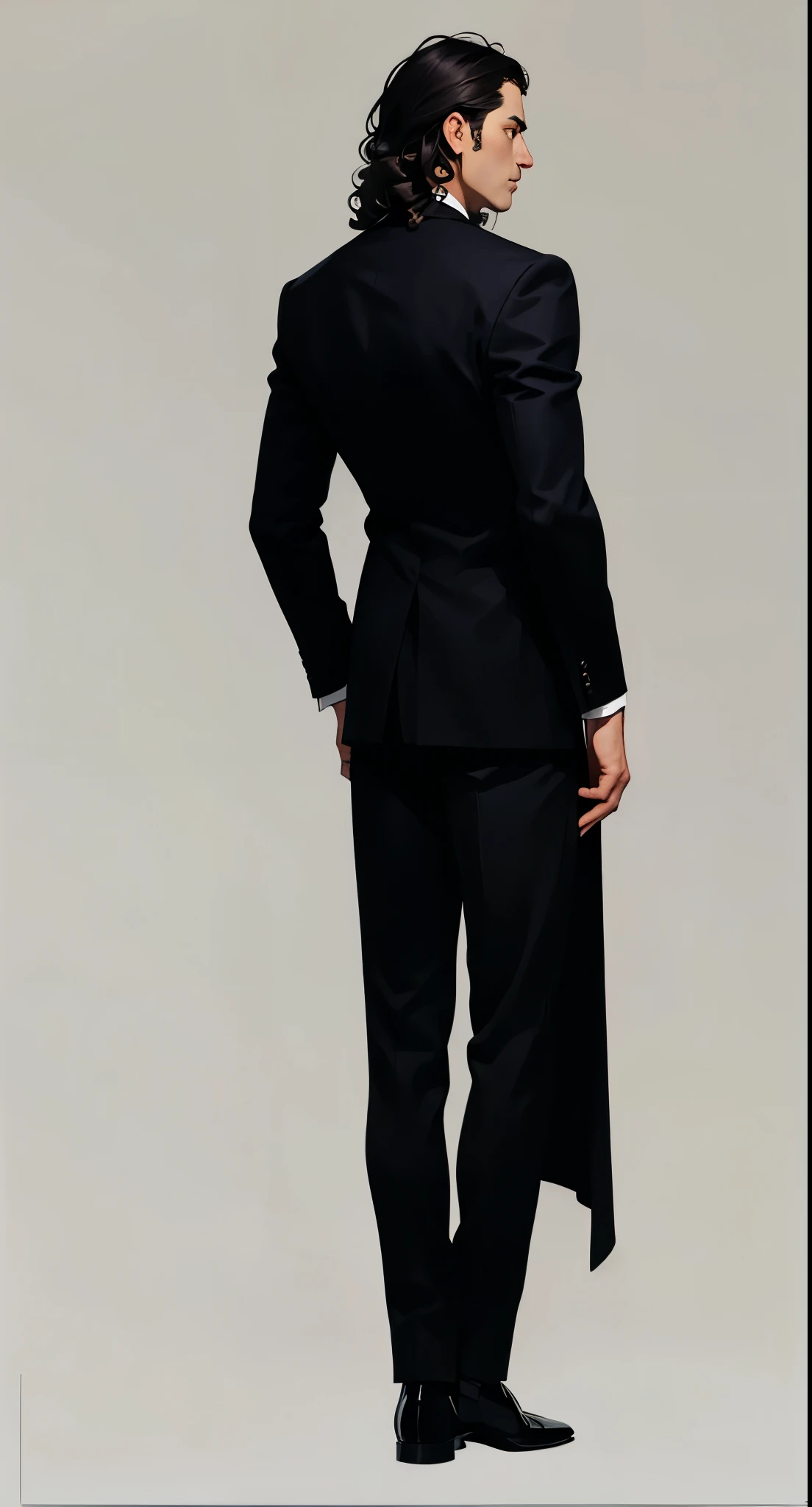 white background, full-length character standing with his back to the frame, full body, man, shoulder-length curly hair, man in black formal suit,  