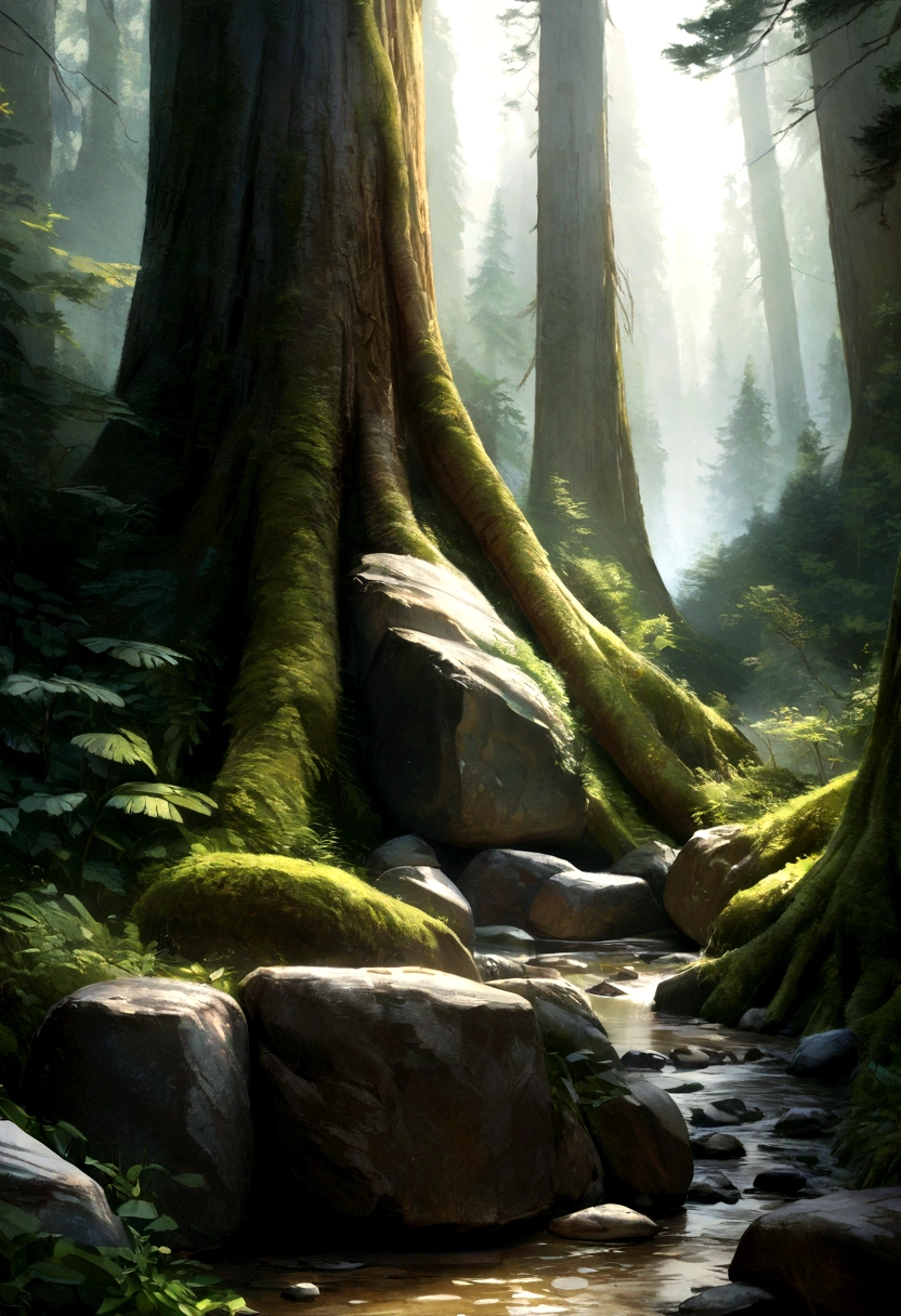 ((Highest quality)), (detailed), landscape、photograph、Realistic、forest、Rough Stone、At the foot of the tree
