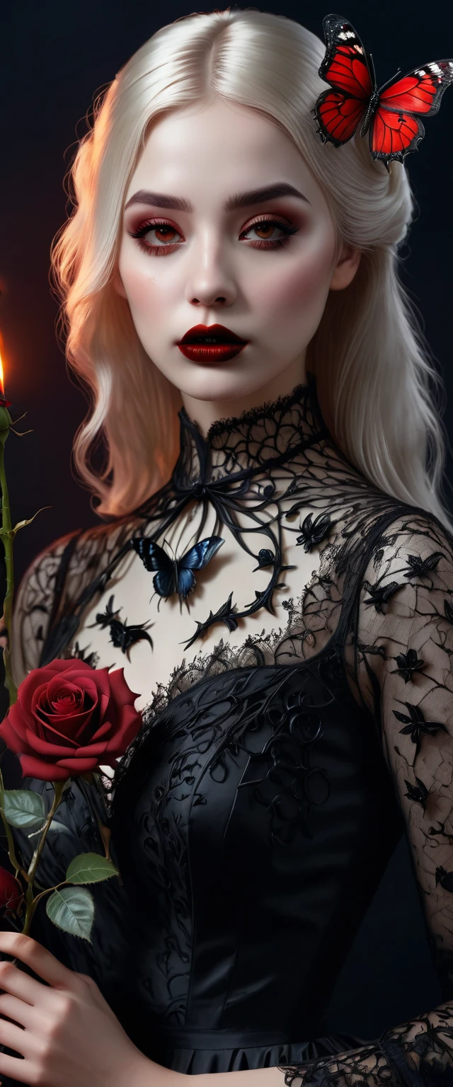 (best quality,4 k,8 k,higher ,masterpiece:1.2),ultra-detailed,(realistic,photorealistic,photo-realistic:1.37),gothic art,girl ,lace dress,thorny rose,creepy,terrifying, dark Red lips , burning butterfly,holding a Rose , Dark red rose .