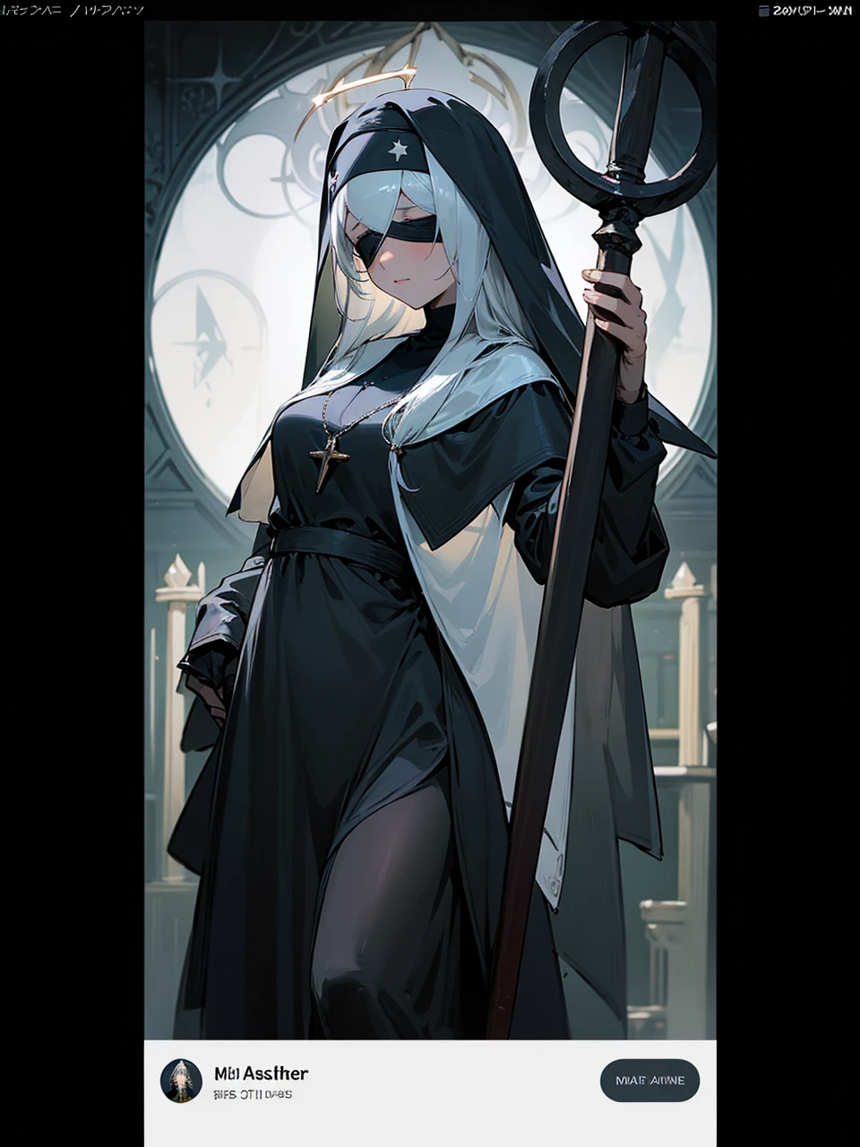 a nun with a blindfold and a modest black church nun outfit, with some silver jewelry, she also wears a long see through veil on her head, with a faded sliver star shaped halo at the back, she is holding her hands together symbolizing a prayer gesture.