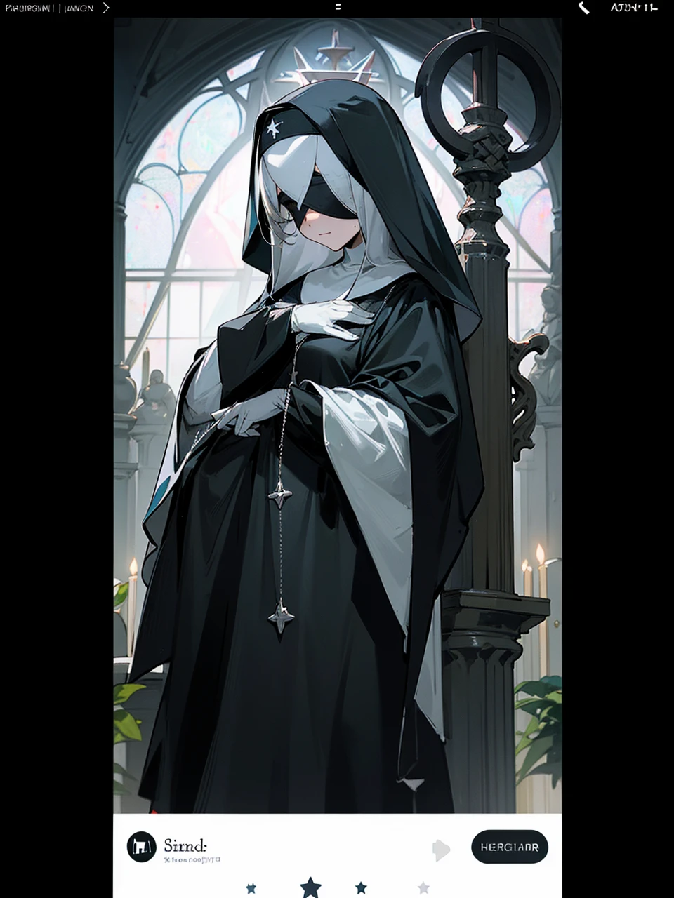 a nun with a blindfold and a modest black church nun outfit, with some silver jewelry, she also wears a long see through veil on her head, with a faded sliver star shaped halo at the back, she is holding her hands together symbolizing a prayer gesture.