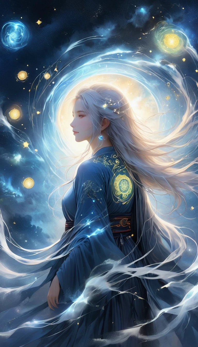 Chinese Mythology，Oriental Fortune Teller，Daofeng fairy bone，Master，The old man stands on the cliff and looks up at the starry sky with long white hair，Back silhouette，Black loose Hanfu robe，Look up at the stars，(((Galaxy Tai Chi Bagua Diagram，Magic Circle，Runes，artistic conception，Array，Runes，Luminescence)))，dream,，
Luminescence的线条，Fluorescence,Luminescence例子，Example Tracking，flash，萤Light Particles，Backlight，Light transmission，Light Particles，Correct human anatomy，