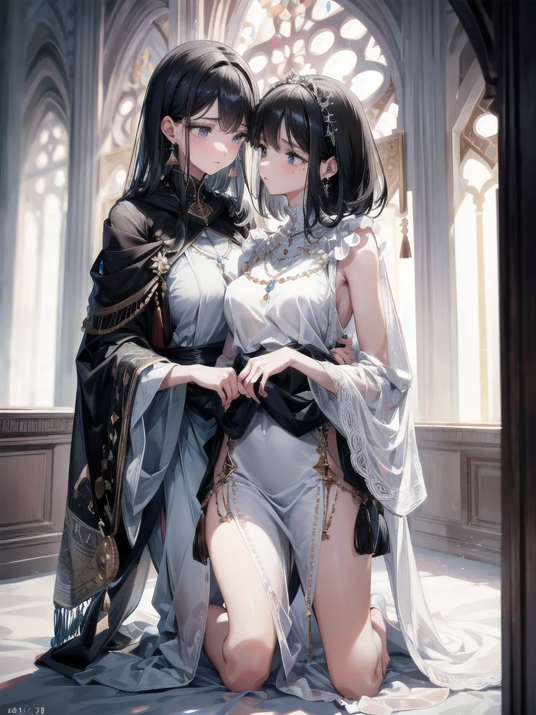 absurdres, RAW photo, extremely delicate and beautiful, masterpiece, Best Quality, ultra high resolution, 32k, hyperrealistic, ultra-detailed, delicate facial features, beautiful detailed woman, tearful mole, earring, medium breasts, full body shot, medium hair, black hair, 2 girls, yuri, (Tribe poncho),