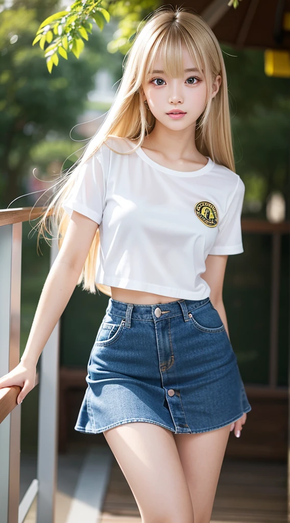 A sexy 17-year-old with dazzling shiny hair, cute and sexy little beautiful face、Complete beauty、Glowing hair dancing in front of cute face、long silky shiny bangs that cover the eyes、Shining dark blonde hair that covers her face、Super long dark blonde hair、Sexy cute young woman、glowy skin、Gloss Face、Teak Gloss、Small face beauty、very big eye expression、small full breasts、student clothes, mini skirt、whole body portrait