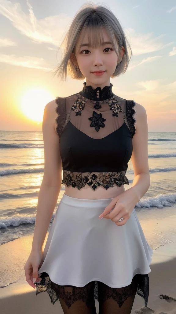 (8K, Photorealistic, Raw photo, Highest quality: 1.4),Japanese idol-style beautiful girl,1 person,18-year-old,(Short Bob),(Silver Hair :1.2),She has her hair tucked behind her ears,My hair is blowing in the strong wind,Clear grey eyes,Long eyelashes,(piercings(small)),(Lip gloss),lips(Plump,glossy),thin long neck,(camisole(Black)),(flare skirt(Layered lace,Black)),tights(Mesh),barefoot,(Sleeveless jacket((Lace embroidery),(Mesh))Layering),Holding pumps in both hands,Evening seaside,White sand beach,The background is the sun setting on the horizon,Date with boyfriend,Smiling at the camera,Knee shot snap