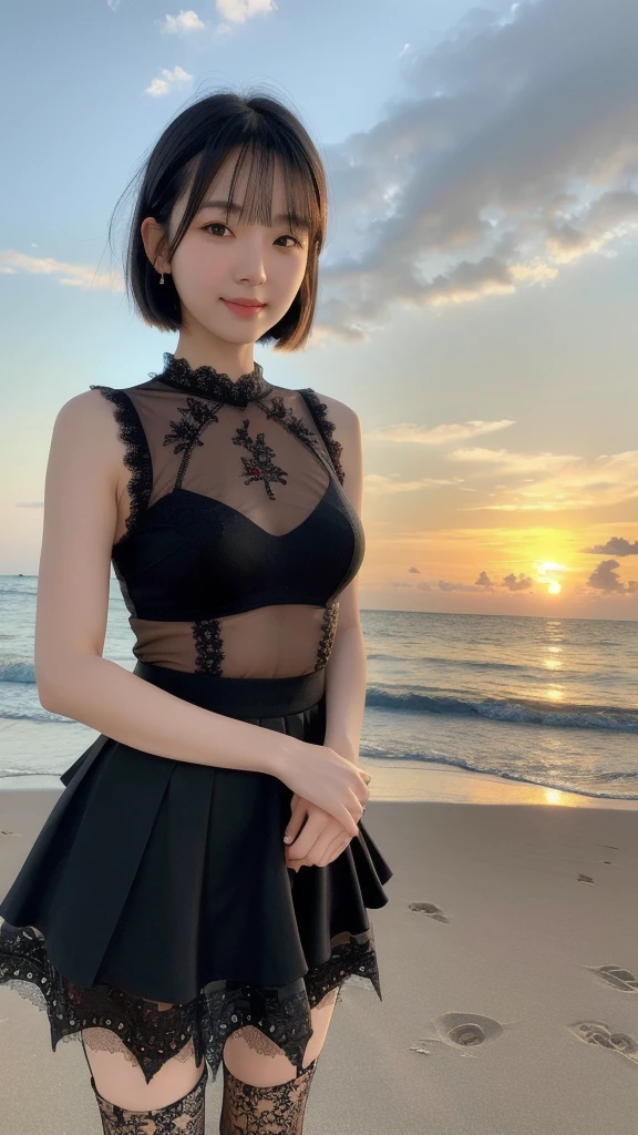 (8K, Photorealistic, Raw photo, Highest quality: 1.4),Japanese idol-style beautiful girl,1 person,18-year-old,(Short Bob),(Silver Hair :1.2),She has her hair tucked behind her ears,My hair is blowing in the strong wind,Clear grey eyes,Long eyelashes,(piercings(small)),(Lip gloss),lips(Plump,glossy),thin long neck,(camisole(Black)),(flare skirt(Layered lace,Black)),tights(Mesh),barefoot,(Sleeveless jacket((Lace embroidery),(Mesh))Layering),Holding pumps in both hands,Evening seaside,White sand beach,The background is the sun setting on the horizon,Date with boyfriend,Smiling at the camera,Knee shot snap