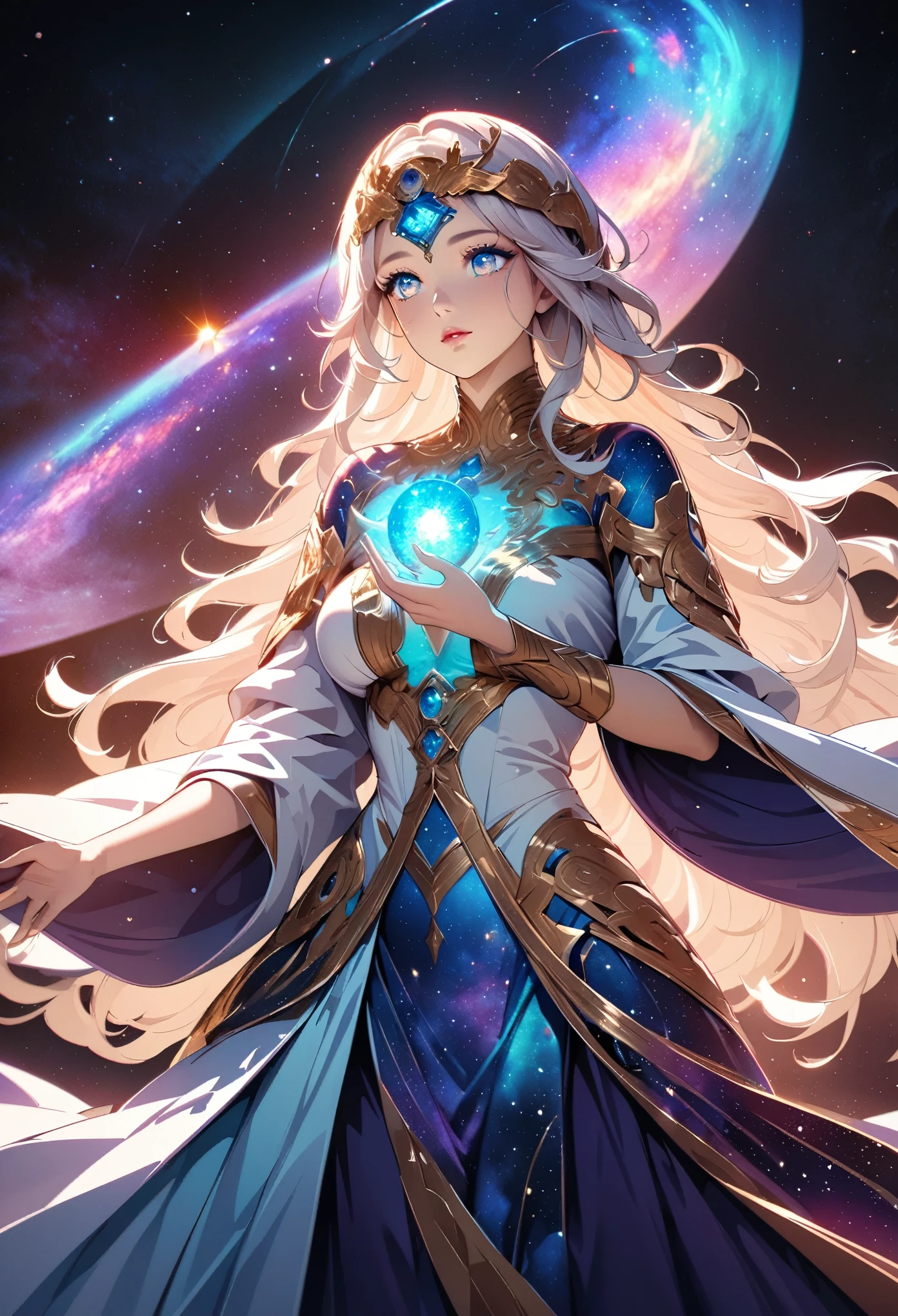 (Galaxy Goddess, Astrologer woman, Stargazer), Beautiful detailed eyes, Beautiful detailed lips, Highly detailed eyes and face, Long eyelashes, Elegant robes, Dramatic lighting, Glowing galaxies, Mysterious atmosphere, Vast Universe, ((Fortune-telling dance, Random Action)), Face Close Up, Intricate details, A calming color palette, Cinematic composition, Fantasy art, Digital Art, Anime Style, Detailed digital illustration, (Highest quality, 4K, 8K, High Contrast, masterpiece, Best aesthetics).