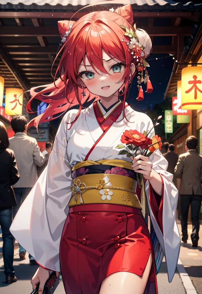 Shana,灼眼のShana,Long Hair, Red hair,Red eyes,Ahoge,smile,blush,Open your mouth,Hair Bun, single Hair Bun,blush,Red Kimono,Thick sleeves,Red long skirt,日本のfestival,夏festivalの屋台,Red lantern,So that the whole body goes into the illustration,Walking,　　　　　　　　　　　  break looking at viewer, Upper Body (Cowboy Shot:1. 5),  　　　　　　　　　　　　　　　　　　break outdoors, shrine,festival, 　　　　　　　　　　　　　break (masterpiece:1.2), Highest quality, High resolution, unity 8k wallpaper, (shape:0.8), (Beautiful and beautiful eyes:1.6), Highly detailed face, Perfect lighting, Highly detailed CG, (Perfect hands, Perfect Anatomy),