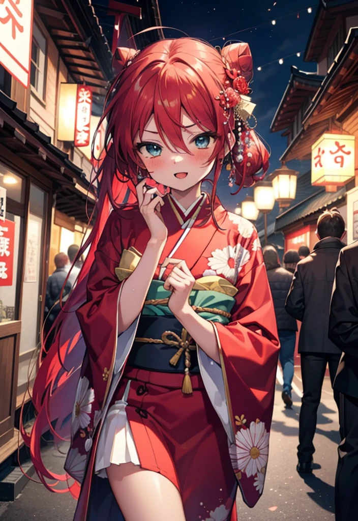 Shana,灼眼のShana,Long Hair, Red hair,Red eyes,Ahoge,smile,blush,Open your mouth,Hair Bun, single Hair Bun,blush,Red Kimono,Thick sleeves,Red long skirt,日本のfestival,夏festivalの屋台,Red lantern,So that the whole body goes into the illustration,Walking,　　　　　　　　　　　  break looking at viewer, Upper Body (Cowboy Shot:1. 5),  　　　　　　　　　　　　　　　　　　break outdoors, shrine,festival, 　　　　　　　　　　　　　break (masterpiece:1.2), Highest quality, High resolution, unity 8k wallpaper, (shape:0.8), (Beautiful and beautiful eyes:1.6), Highly detailed face, Perfect lighting, Highly detailed CG, (Perfect hands, Perfect Anatomy),